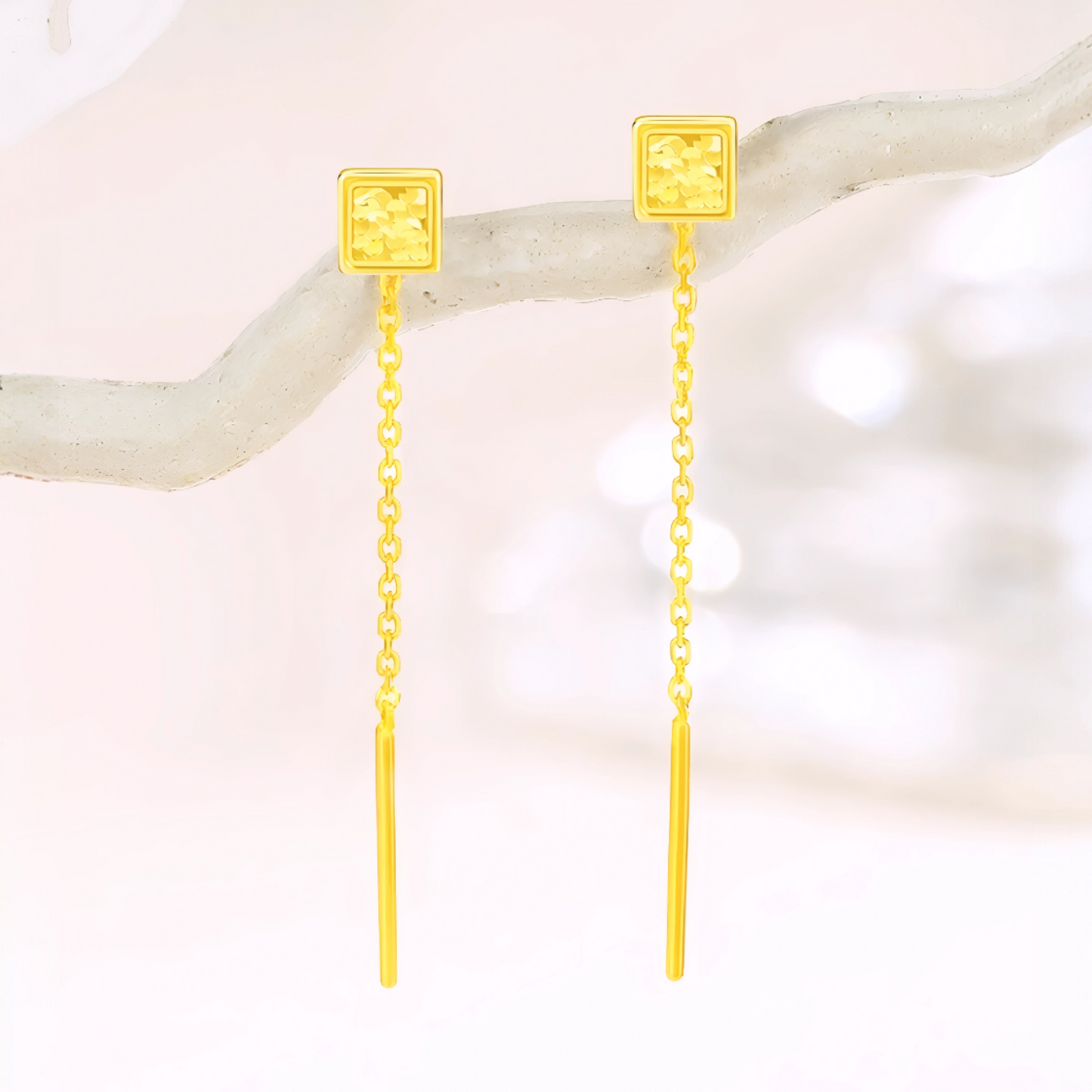 24K Gold Trendy Threader Chain Sqaure Charm Earrings