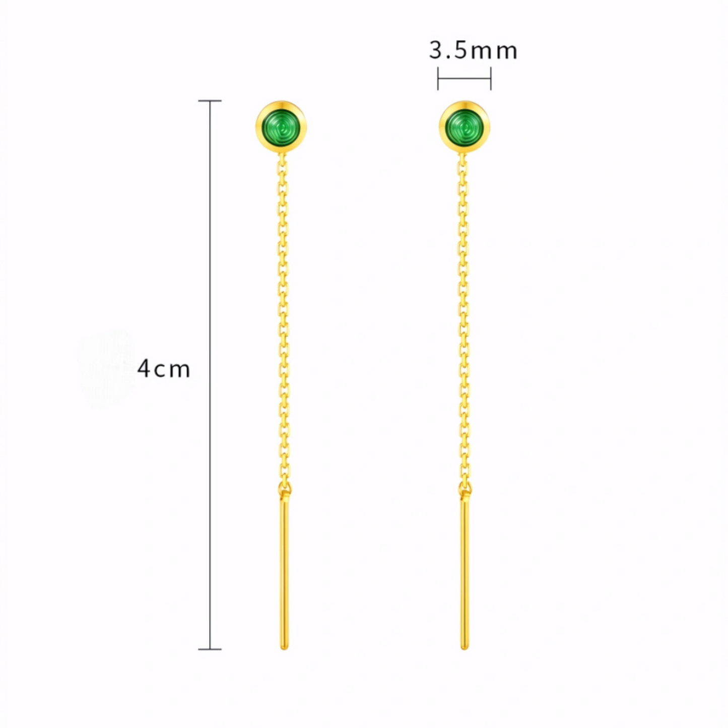 24K Gold Trendy Threader Chain Enamel Emerald Green Bead Tassel Earrings