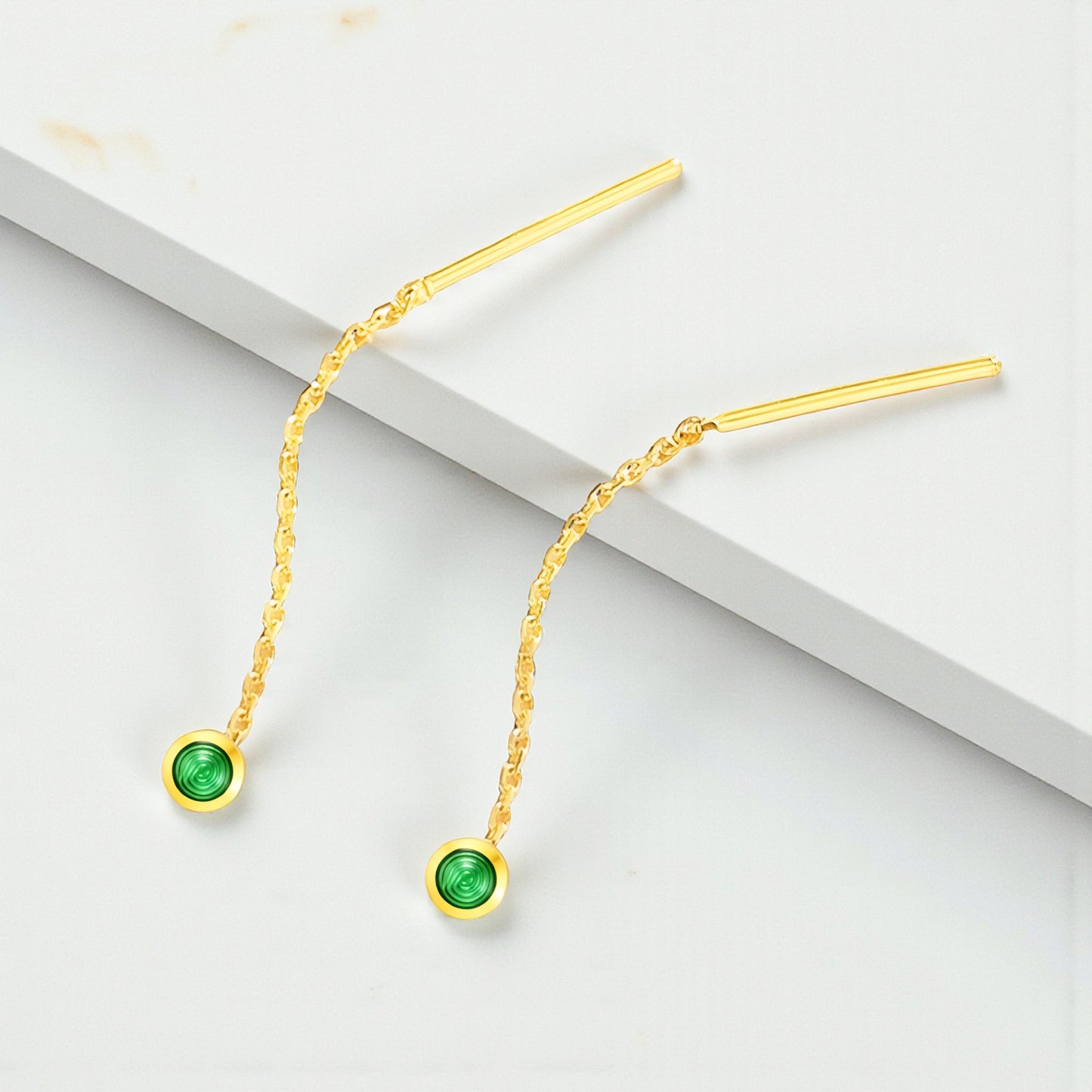 24K Gold Trendy Threader Chain Enamel Emerald Green Bead Tassel Earrings