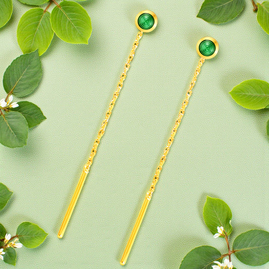 24K Gold Trendy Threader Chain Enamel Emerald Green Bead Tassel Earrings