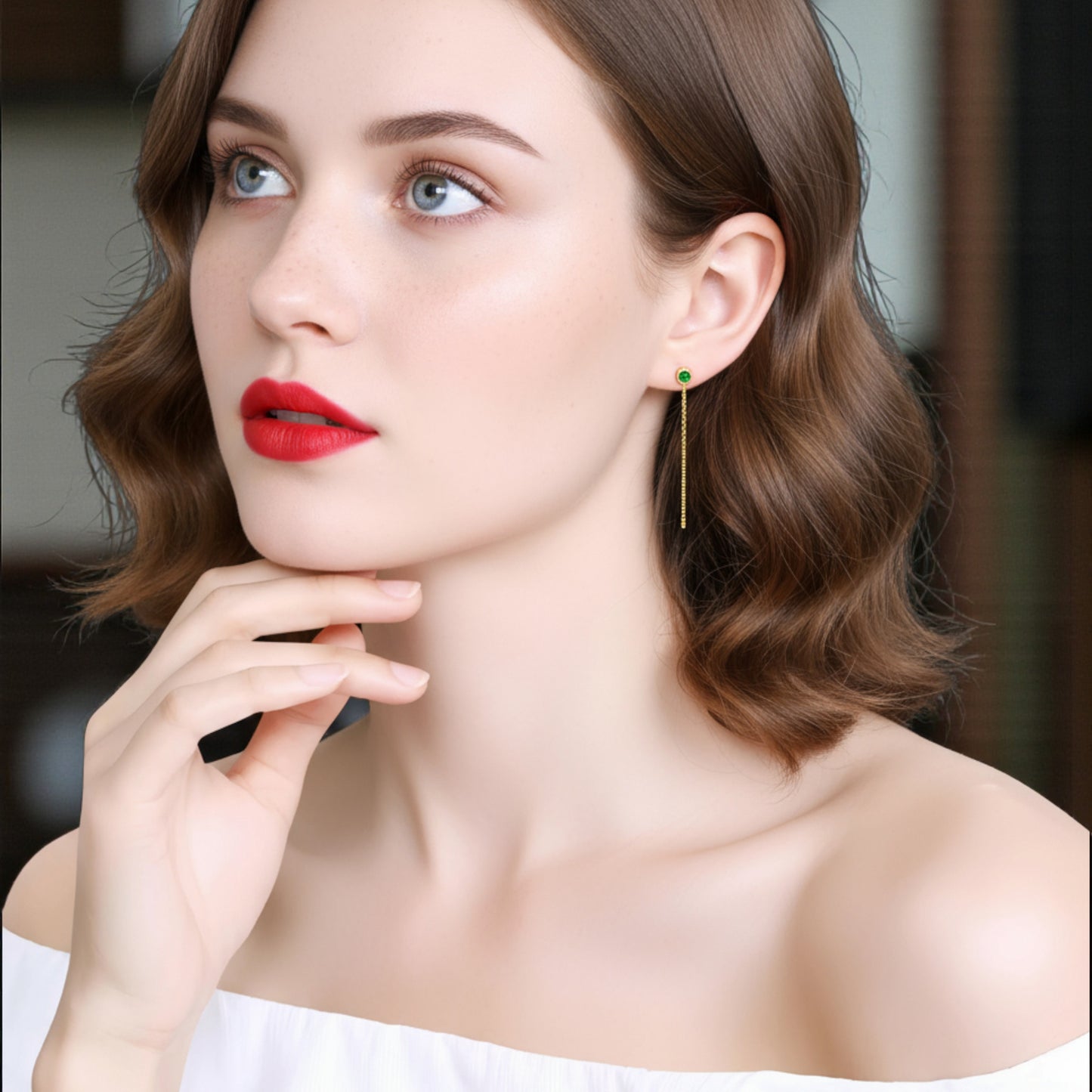 24K Gold Trendy Threader Chain Enamel Emerald Green Bead Tassel Earrings