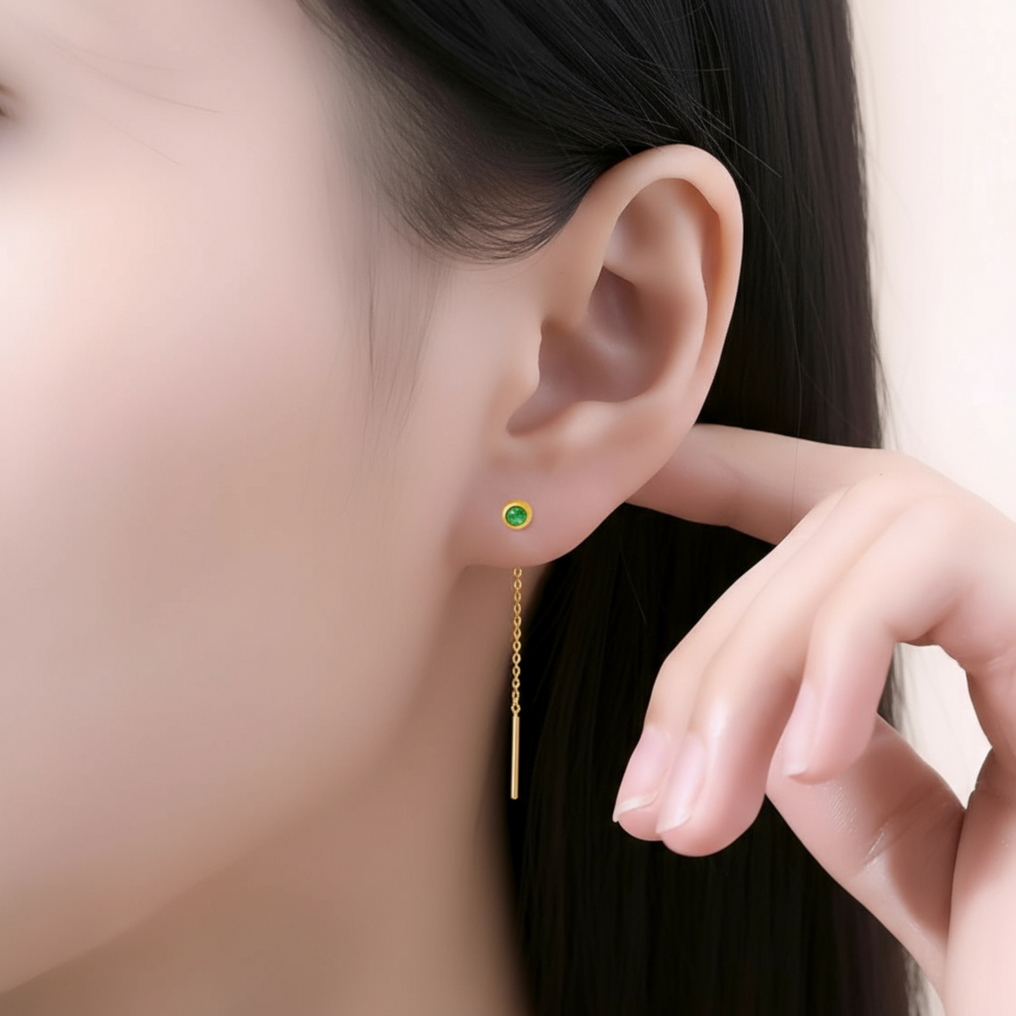 24K Gold Trendy Threader Chain Enamel Emerald Green Bead Tassel Earrings