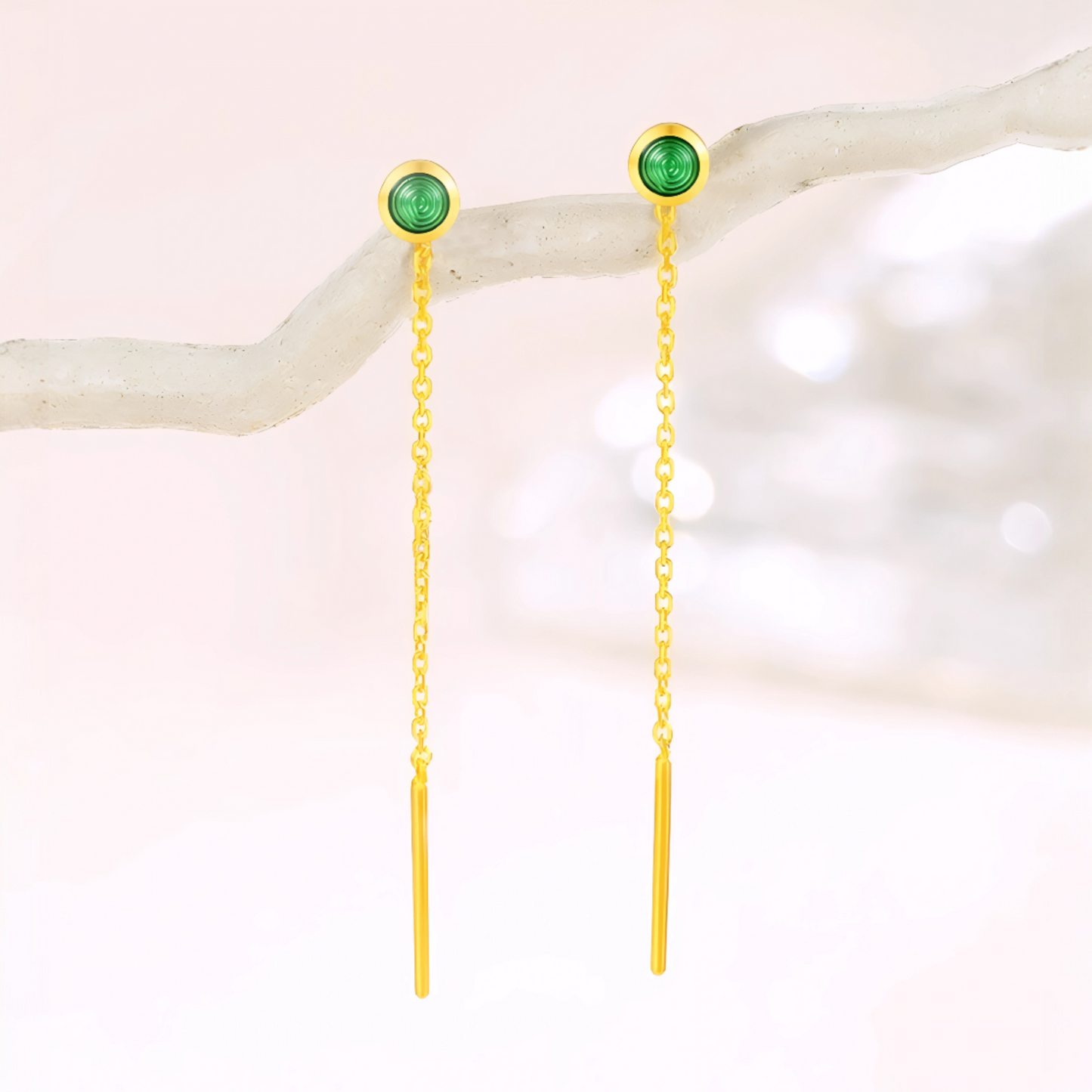 24K Gold Trendy Threader Chain Enamel Emerald Green Bead Tassel Earrings