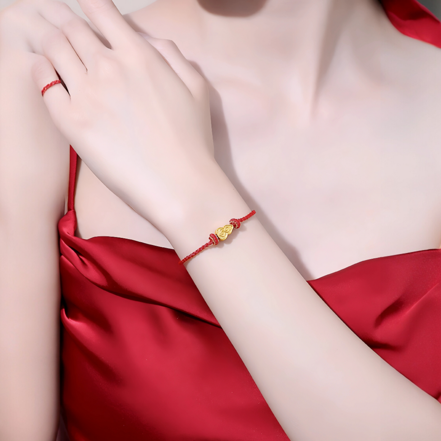 24K Yellow Gold Lucky Gourd Charm Red Rope Braided Bracelet