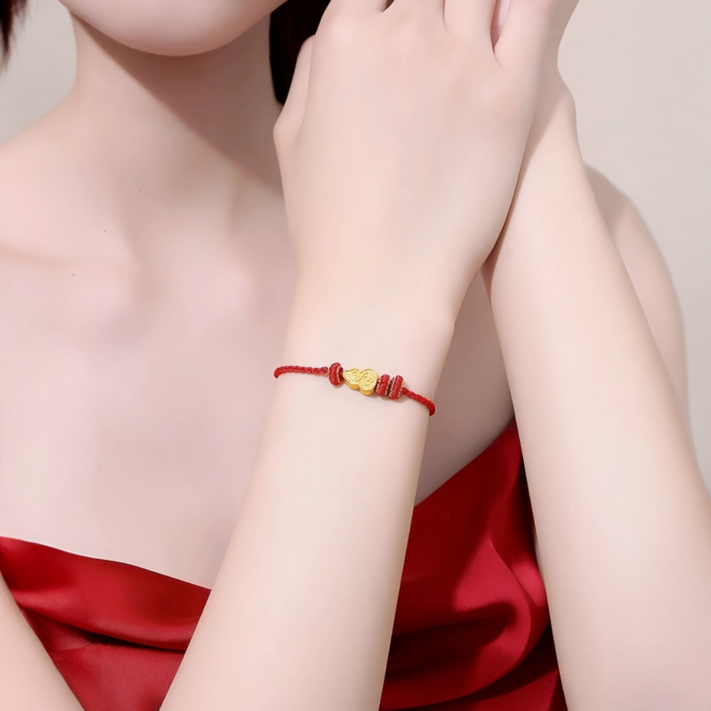 24K Yellow Gold Lucky Gourd Charm Red Rope Braided Bracelet