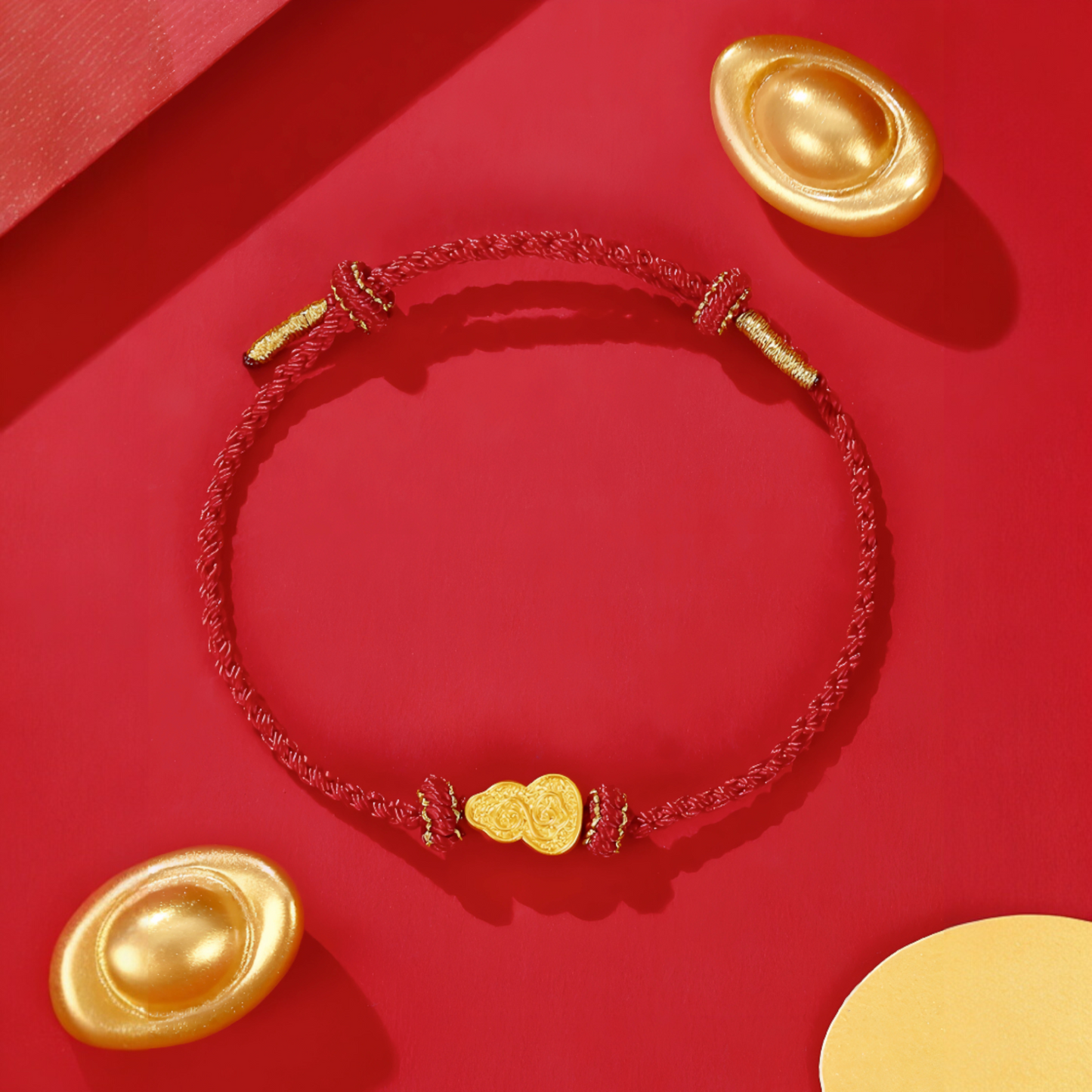 24K Yellow Gold Lucky Gourd Charm Red Rope Braided Bracelet