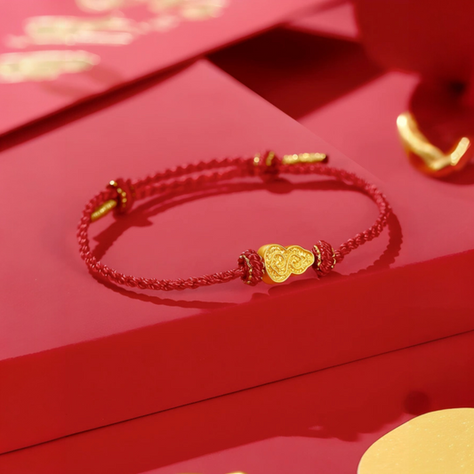 24K Yellow Gold Lucky Gourd Charm Red Rope Braided Bracelet
