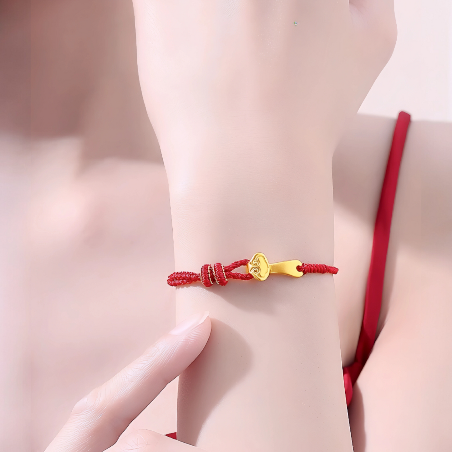 24K 999 5D Hard Gold Lucky Ruyi Charm Red Rope Braided Bracelet