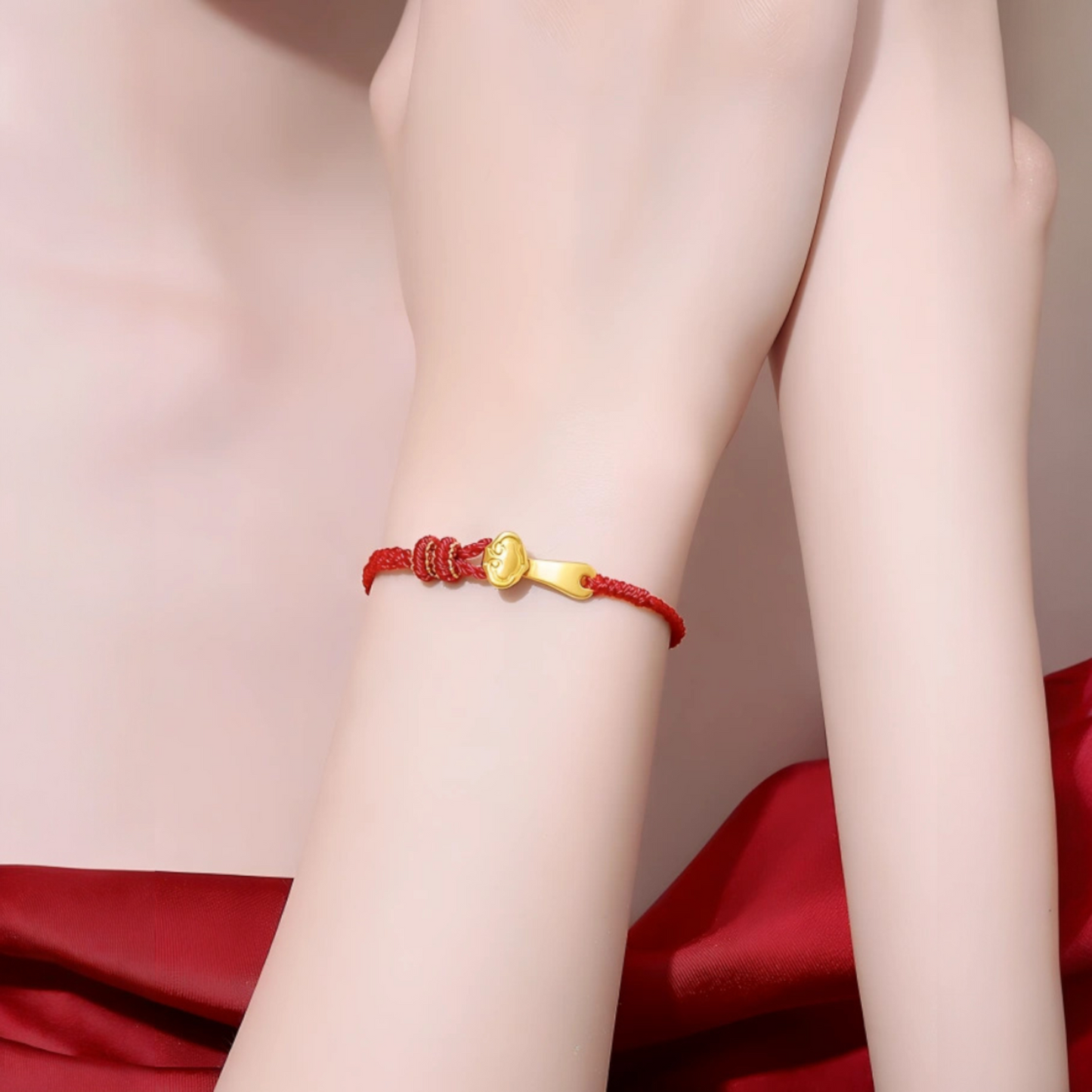 24K 999 5D Hard Gold Lucky Ruyi Charm Red Rope Braided Bracelet