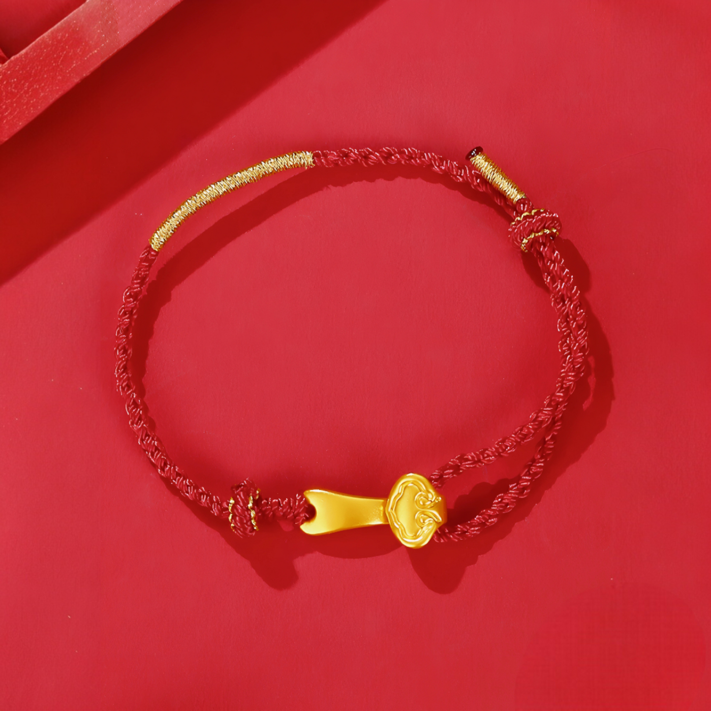 24K 999 5D Hard Gold Lucky Ruyi Charm Red Rope Braided Bracelet