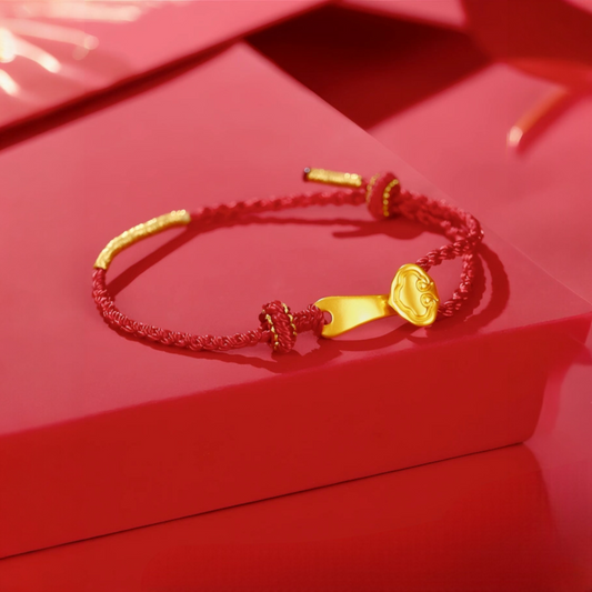 24K 999 5D Hard Gold Lucky Ruyi Charm Red Rope Braided Bracelet