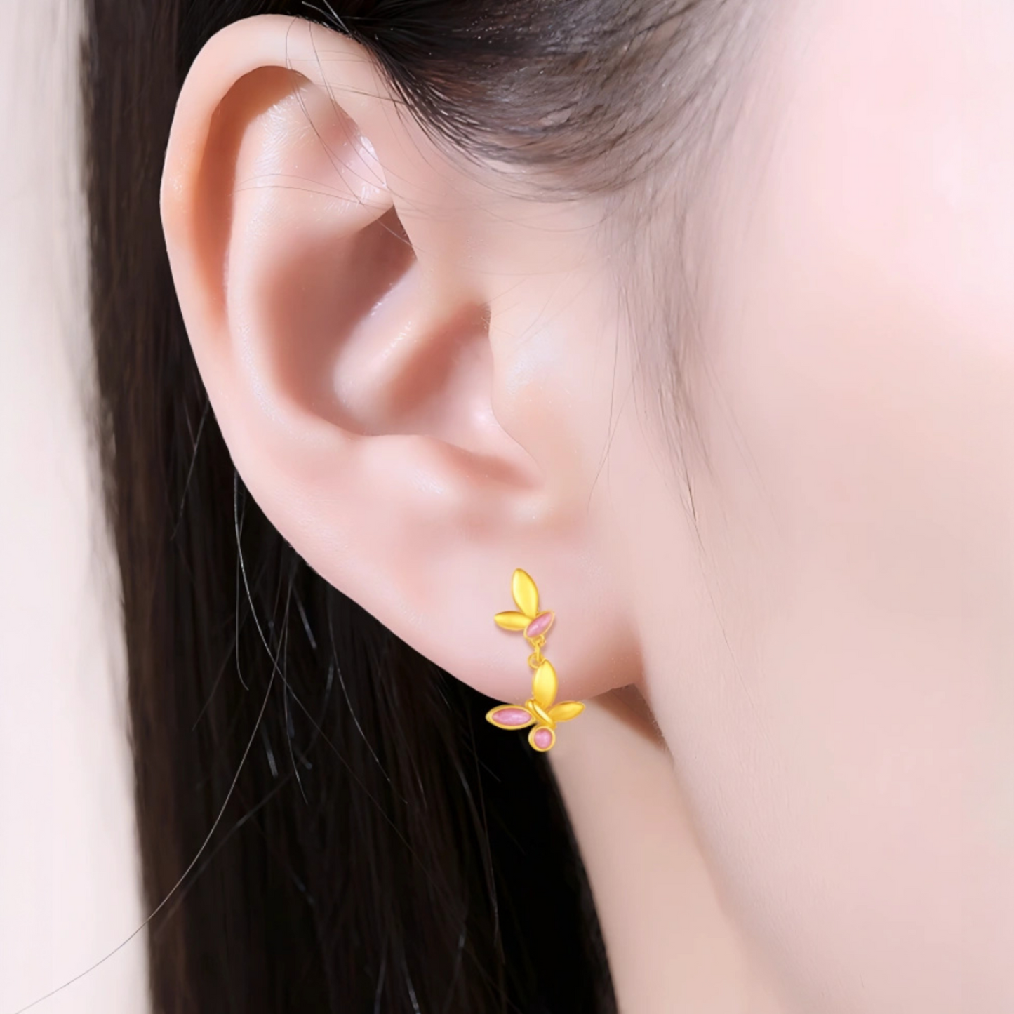 24K 999 Gold Unique and Trendy Pink Enamel Butterfly Stud Earrings