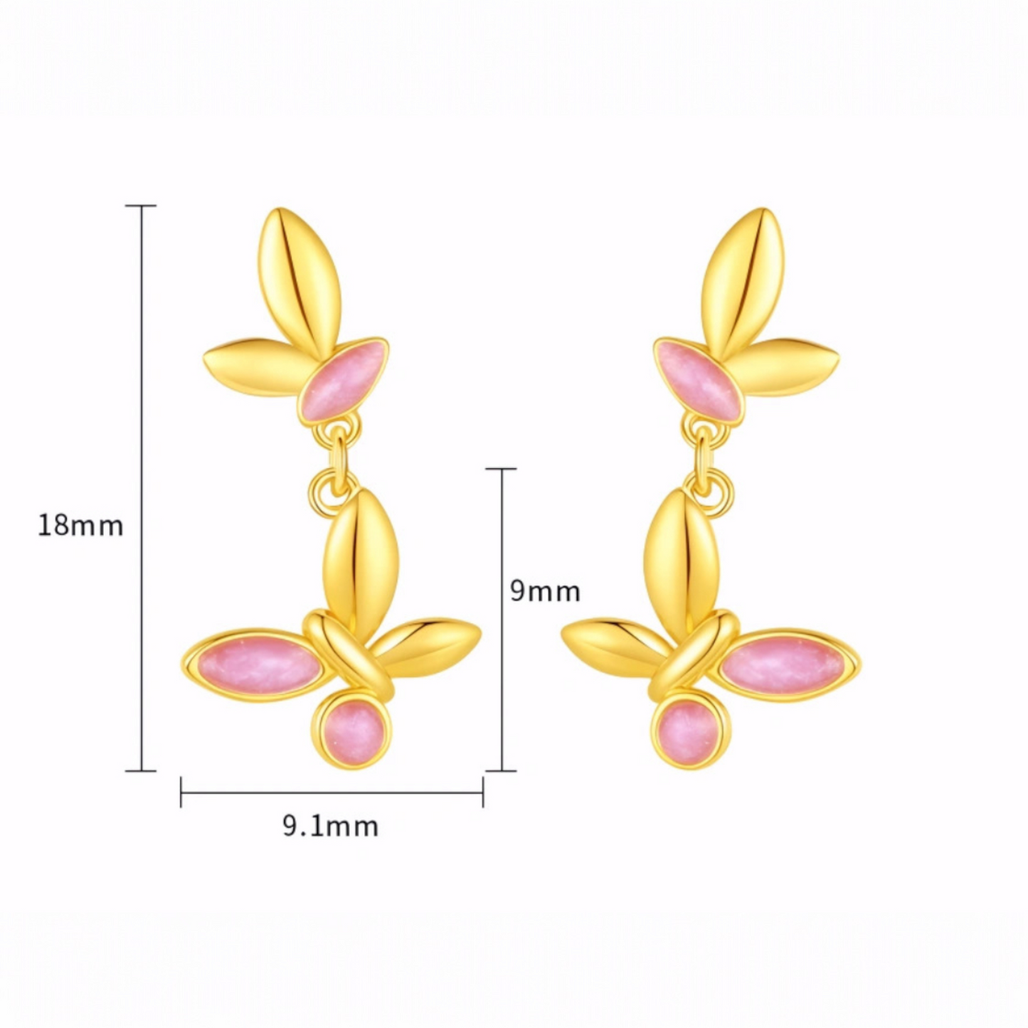 24K 999 Gold Unique and Trendy Pink Enamel Butterfly Stud Earrings