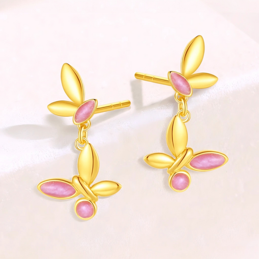 24K 999 Gold Unique and Trendy Pink Enamel Butterfly Stud Earrings