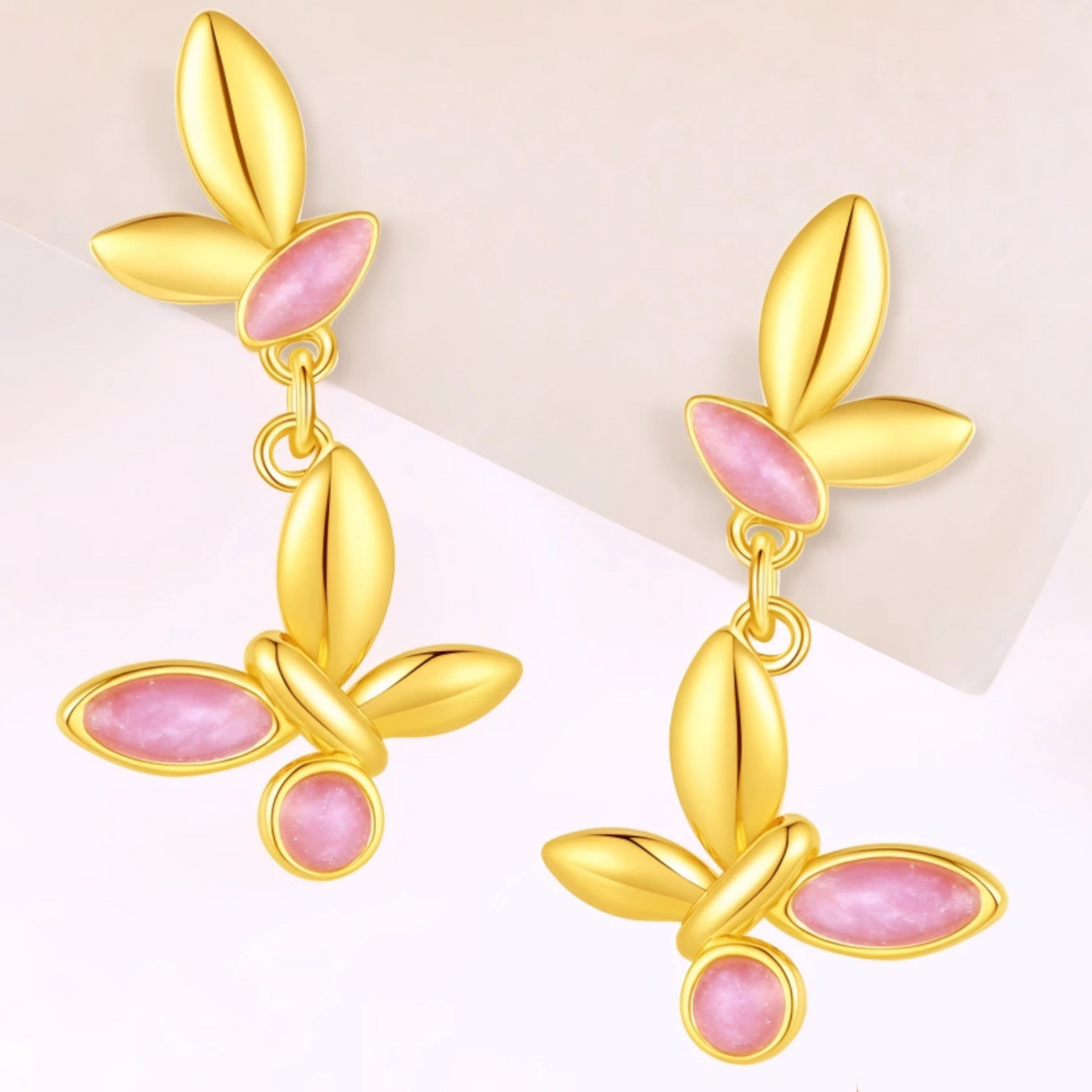 24K 999 Gold Unique and Trendy Pink Enamel Butterfly Stud Earrings
