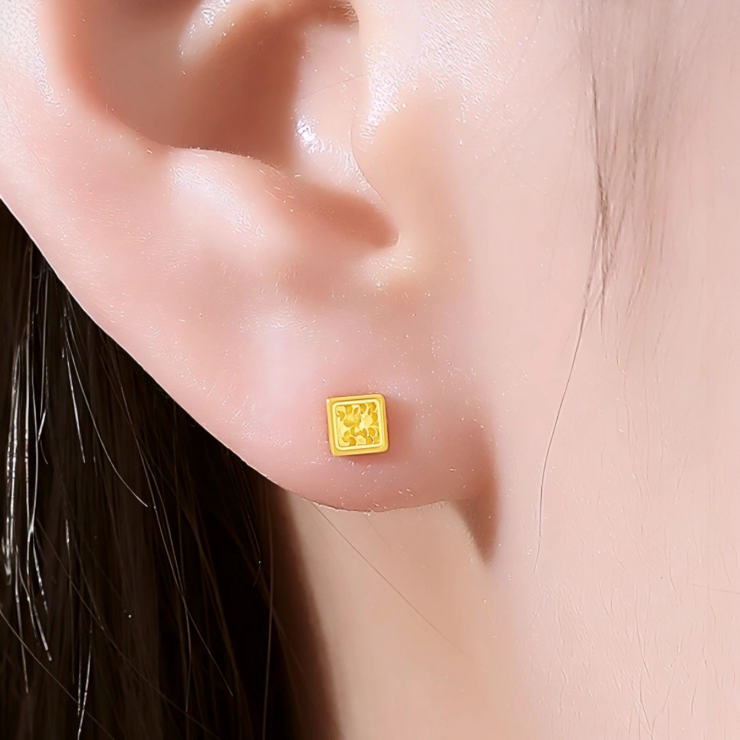 24K 999 Gold Miniature Scale Cube Square Minimal Simple Shape Stud Earrings