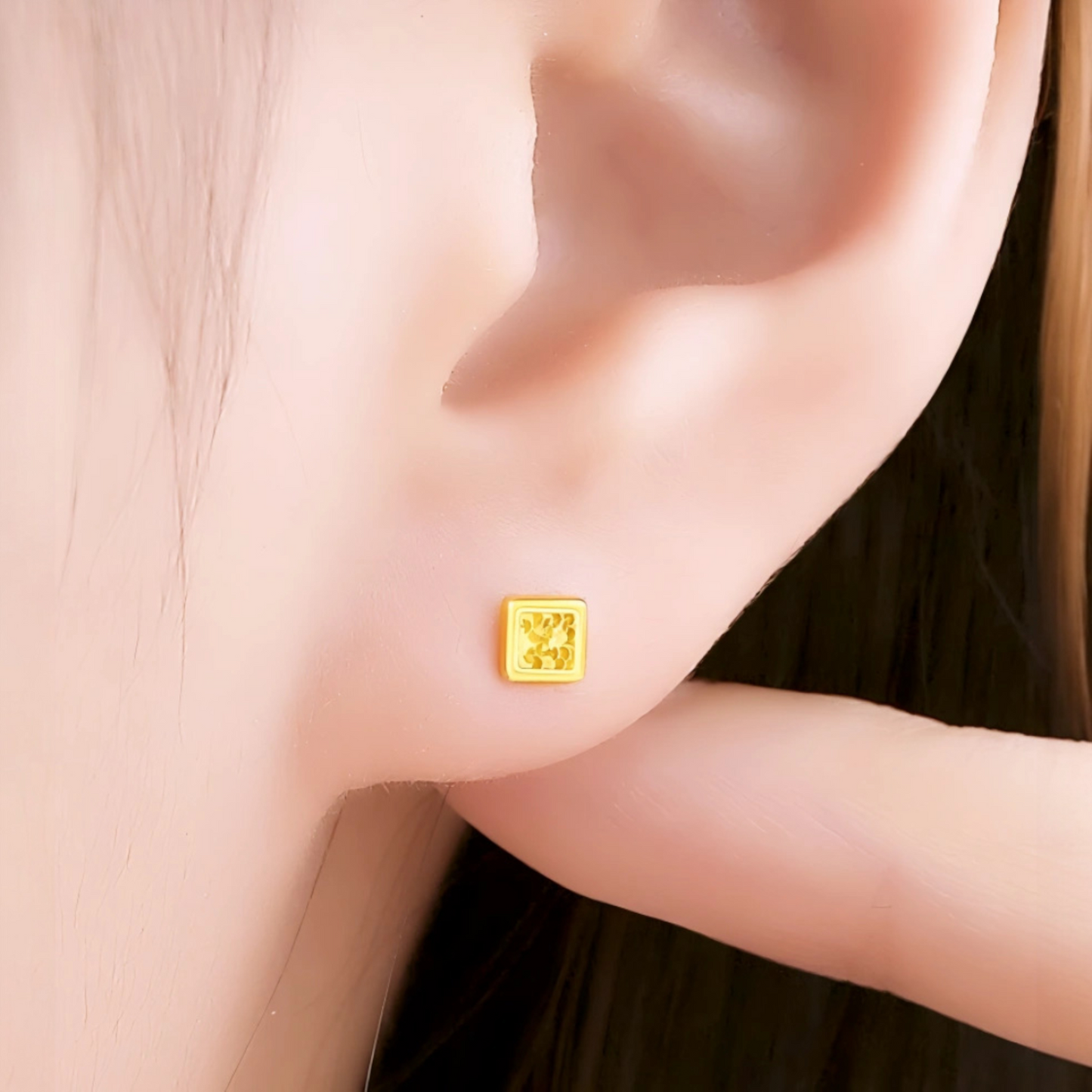 24K 999 Gold Miniature Scale Cube Square Minimal Simple Shape Stud Earrings