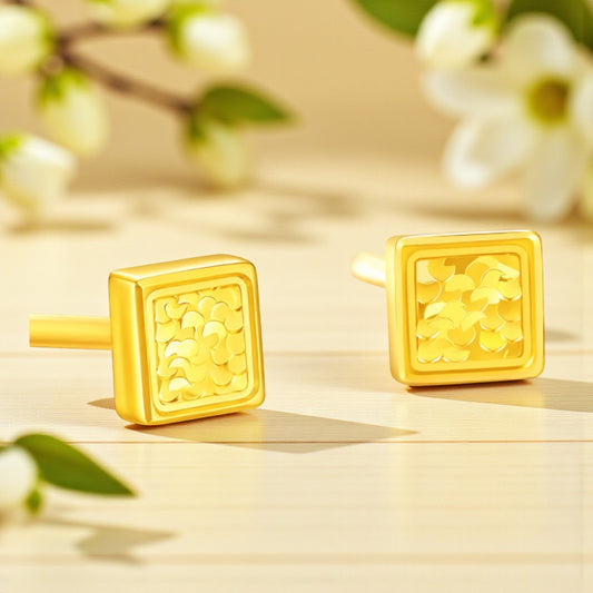 24K 999 Gold Miniature Scale Cube Square Minimal Simple Shape Stud Earrings