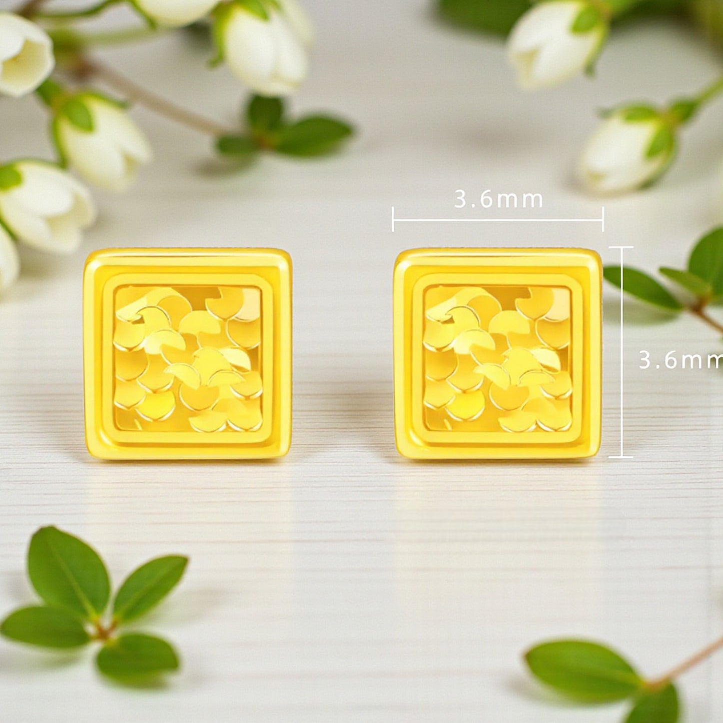 24K 999 Gold Miniature Scale Cube Square Minimal Simple Shape Stud Earrings