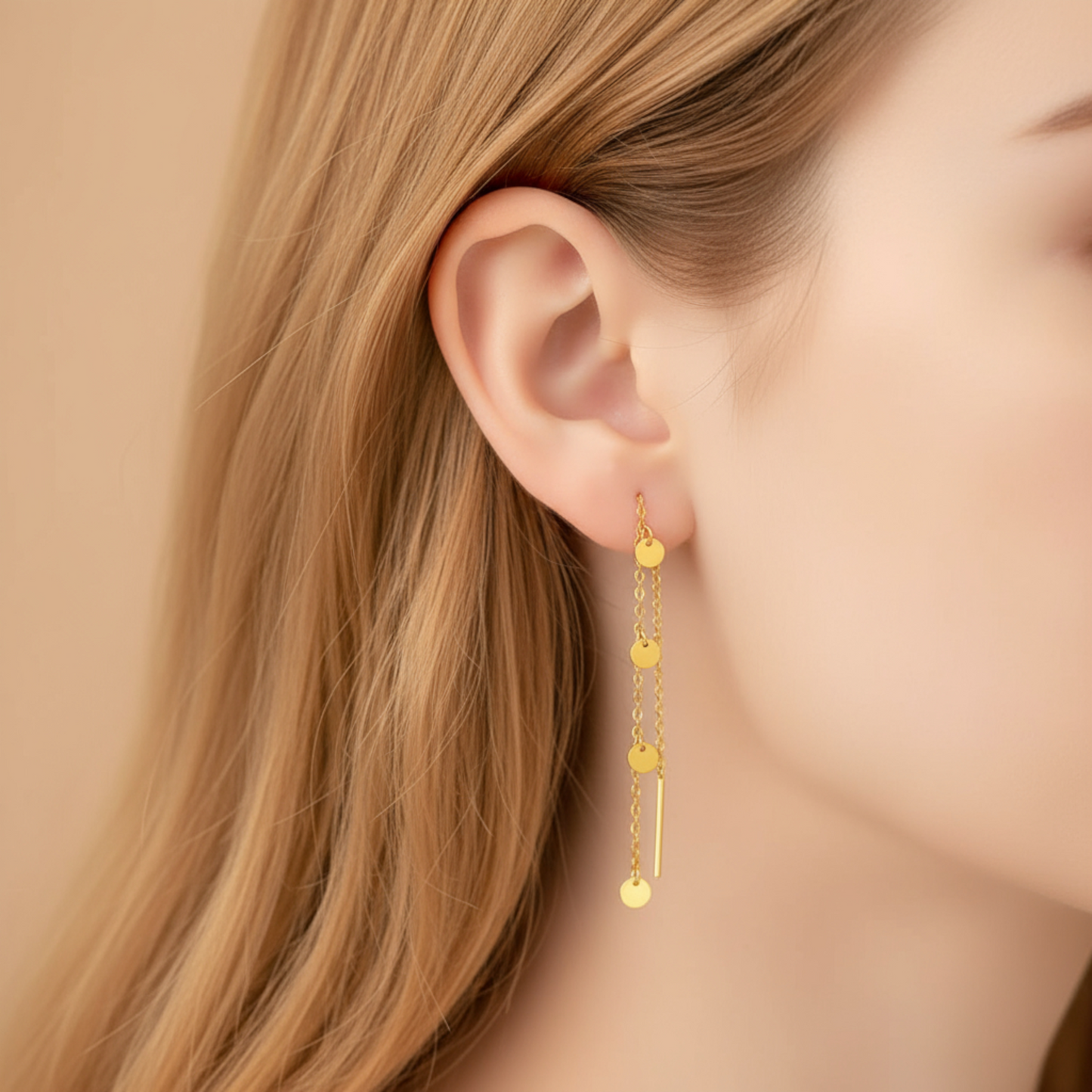 24K Gold Trendy Threader Round Pieces Chain Tassel Earrings