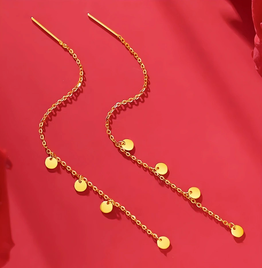 24K Gold Trendy Threader Round Pieces Chain Tassel Earrings