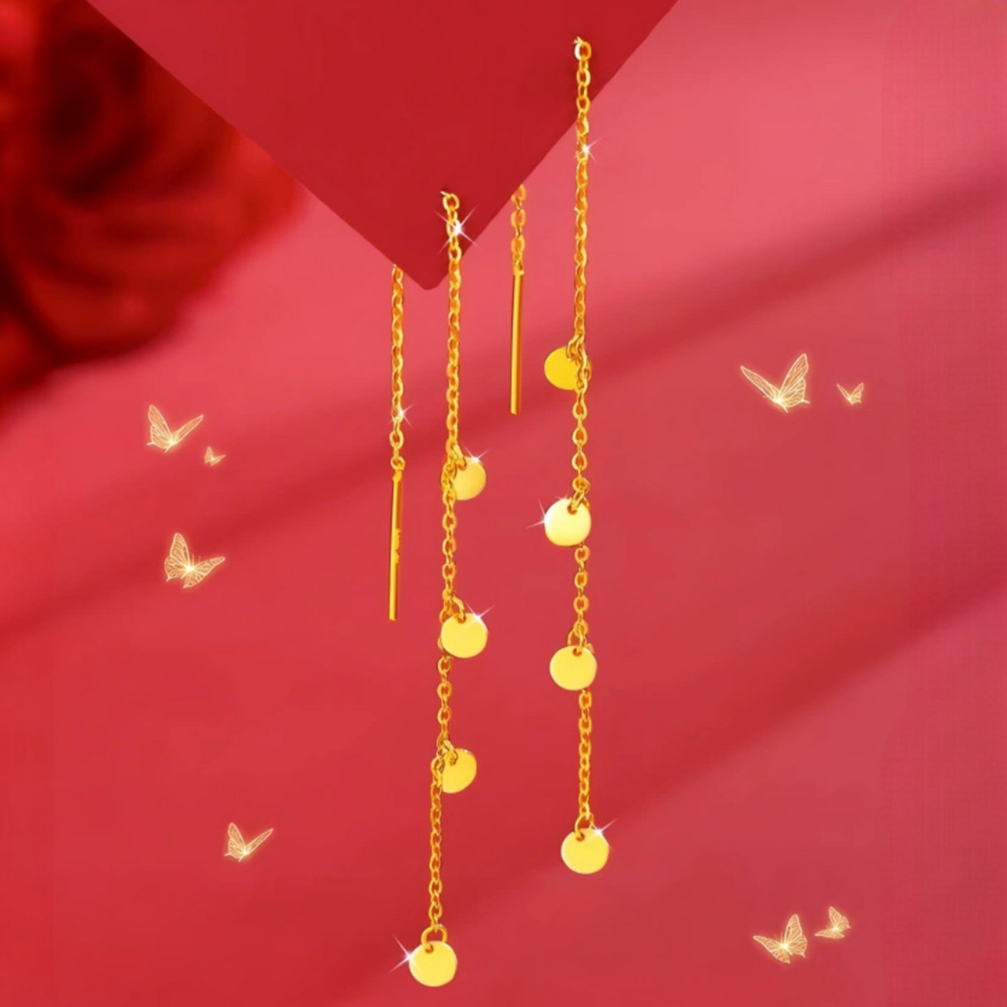 24K Gold Trendy Threader Round Pieces Chain Tassel Earrings