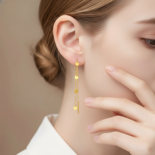 24K Gold Trendy Threader Round Pieces Chain Tassel Earrings