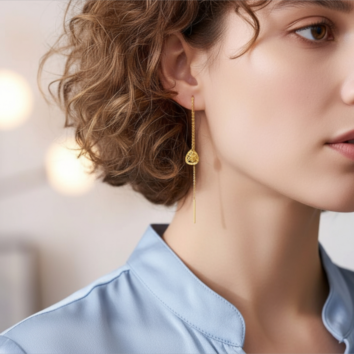 24K Gold Trendy Waterdrop Lucky Charm Threader Earrings