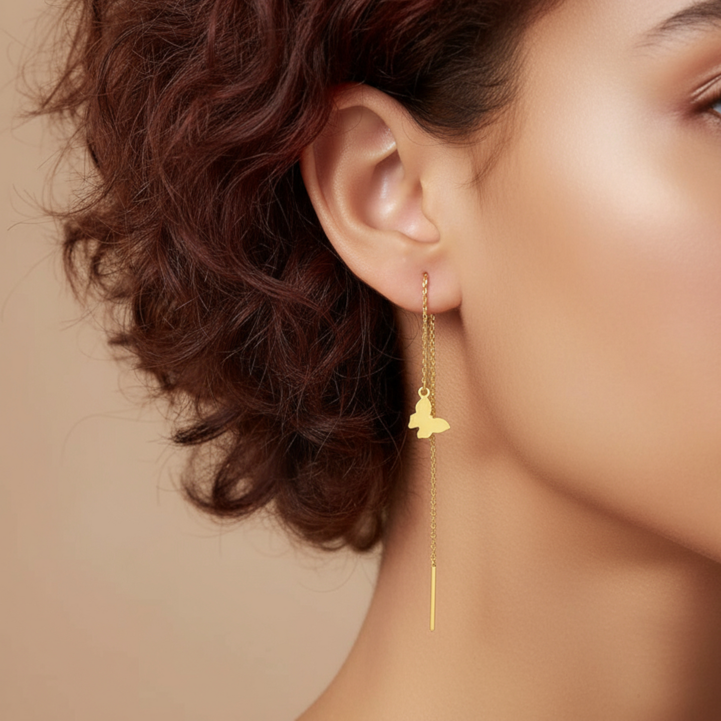24K Gold Trendy Frosted Butterfly Reversible Threader Chain Tassel Earrings