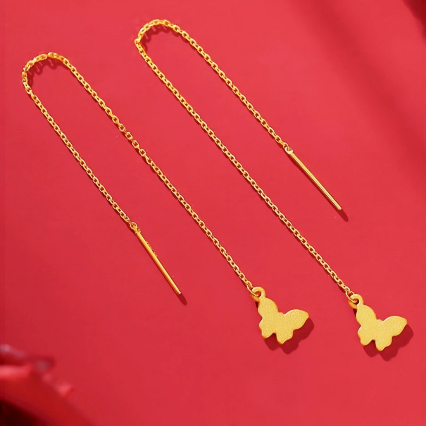 24K Gold Trendy Frosted Butterfly Reversible Threader Chain Tassel Earrings