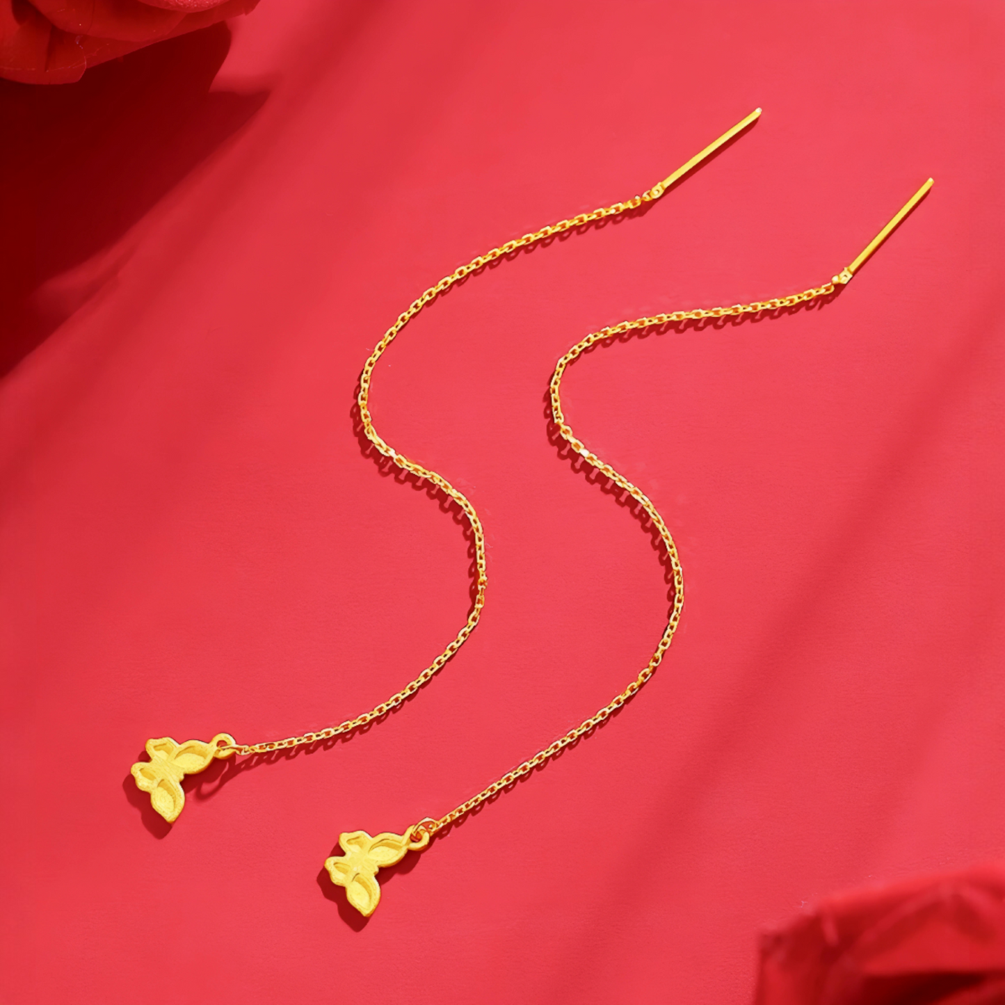 24K Gold Trendy Frosted Butterfly Reversible Threader Chain Tassel Earrings