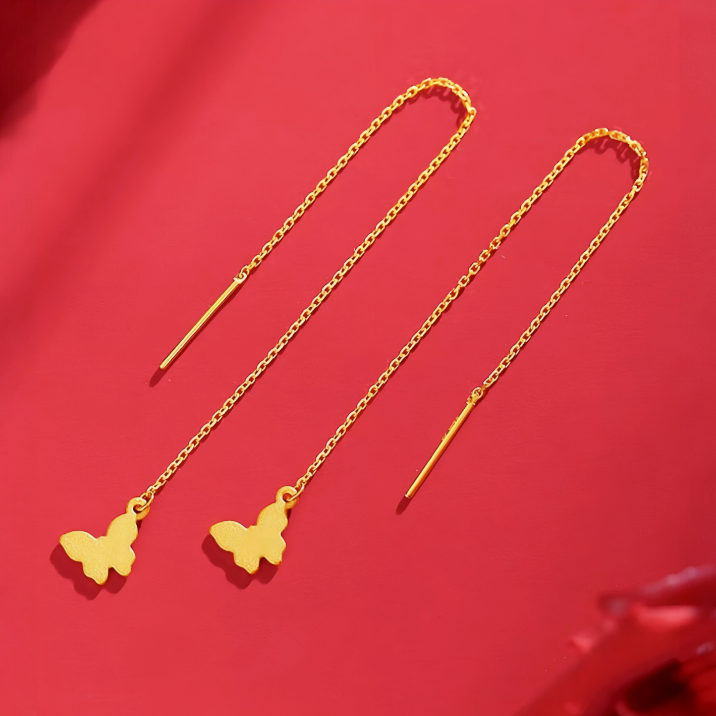 24K Gold Trendy Frosted Butterfly Reversible Threader Chain Tassel Earrings