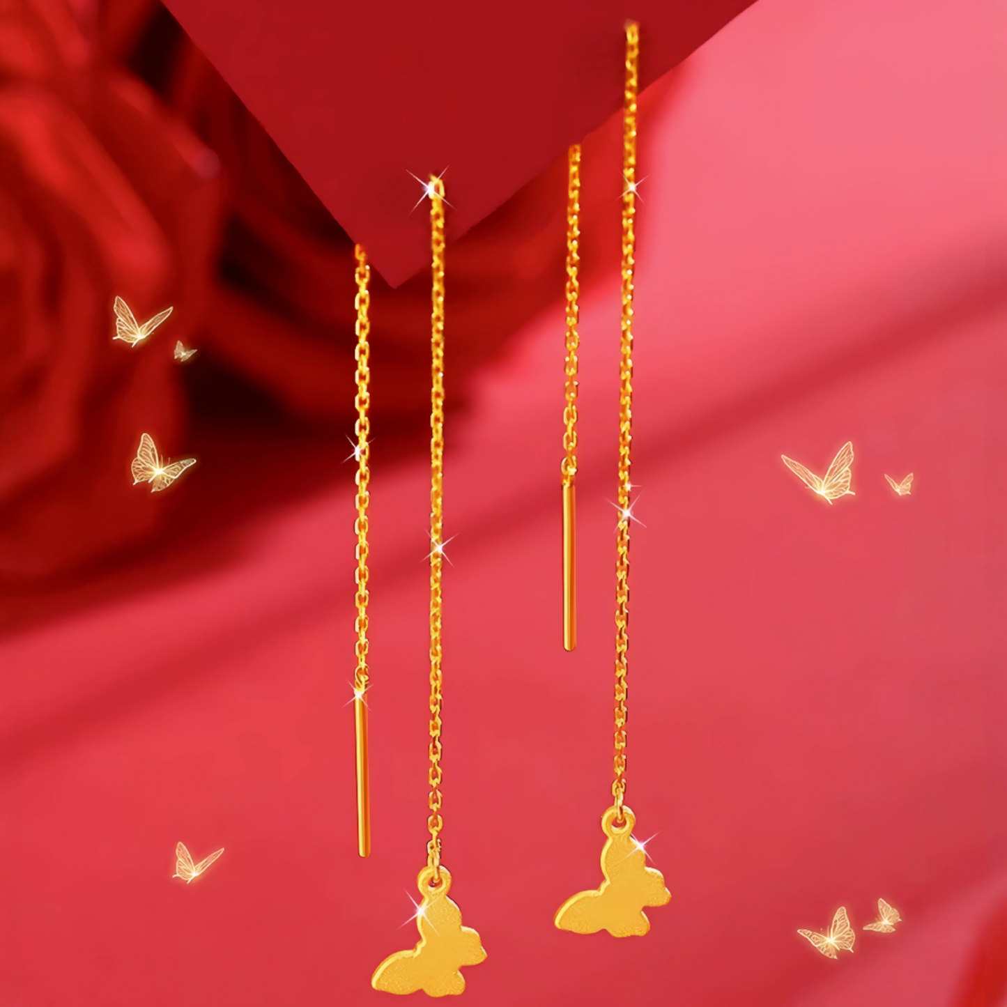 24K Gold Trendy Frosted Butterfly Reversible Threader Chain Tassel Earrings