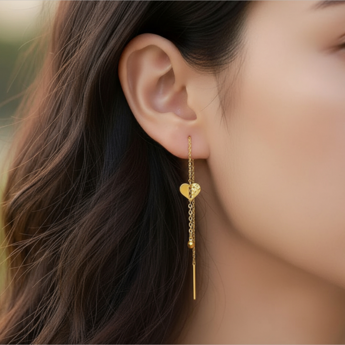 24K Gold Trendy Threader Heart Charm Chain Tassel Earrings