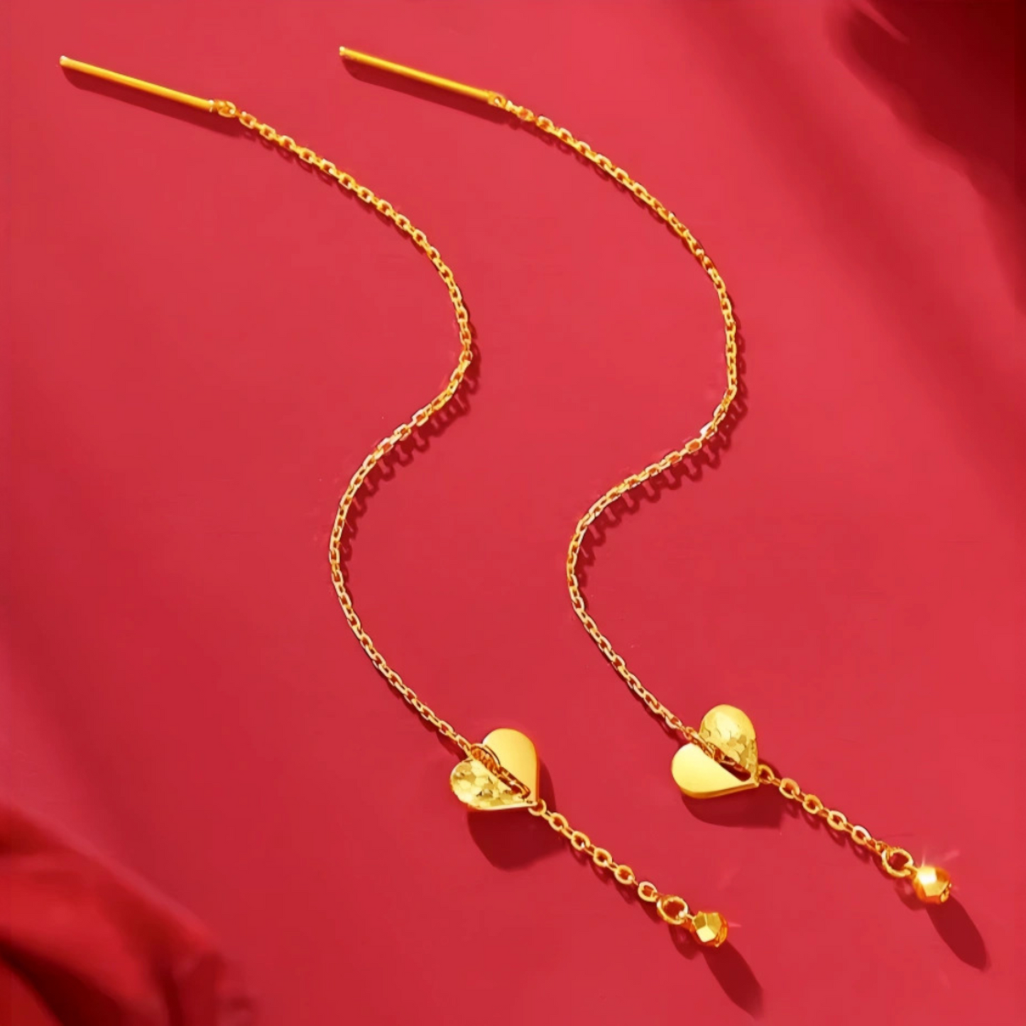 24K Gold Trendy Threader Heart Charm Chain Tassel Earrings