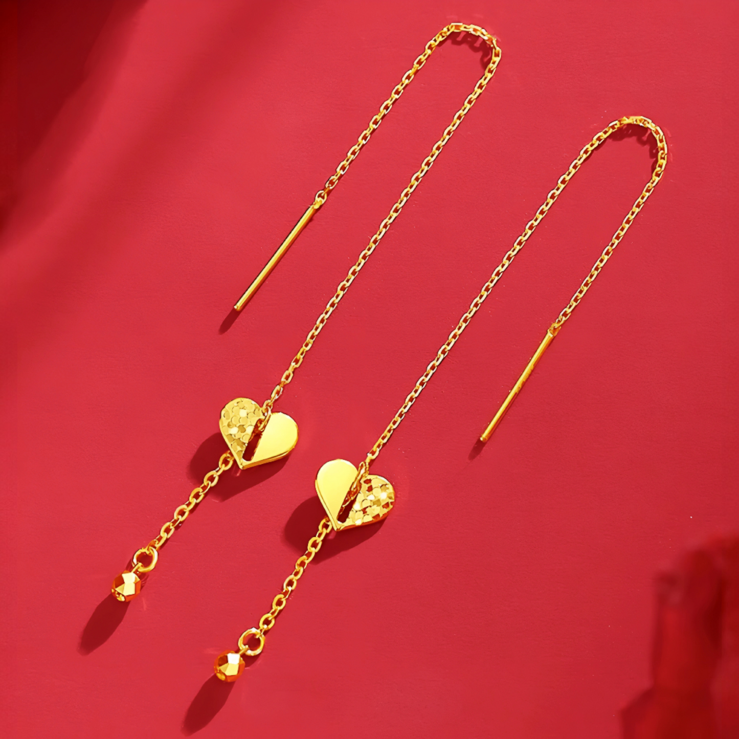 24K Gold Trendy Threader Heart Charm Chain Tassel Earrings