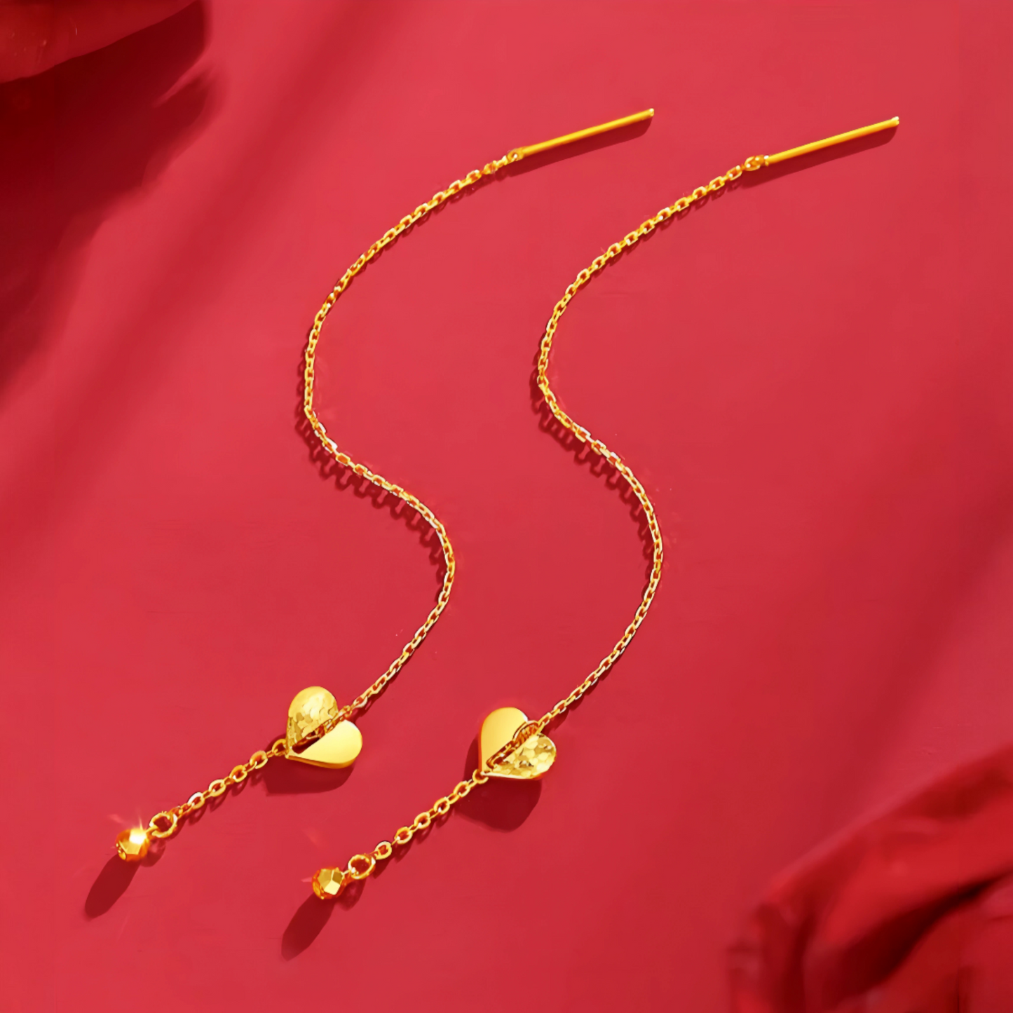 24K Gold Trendy Threader Heart Charm Chain Tassel Earrings