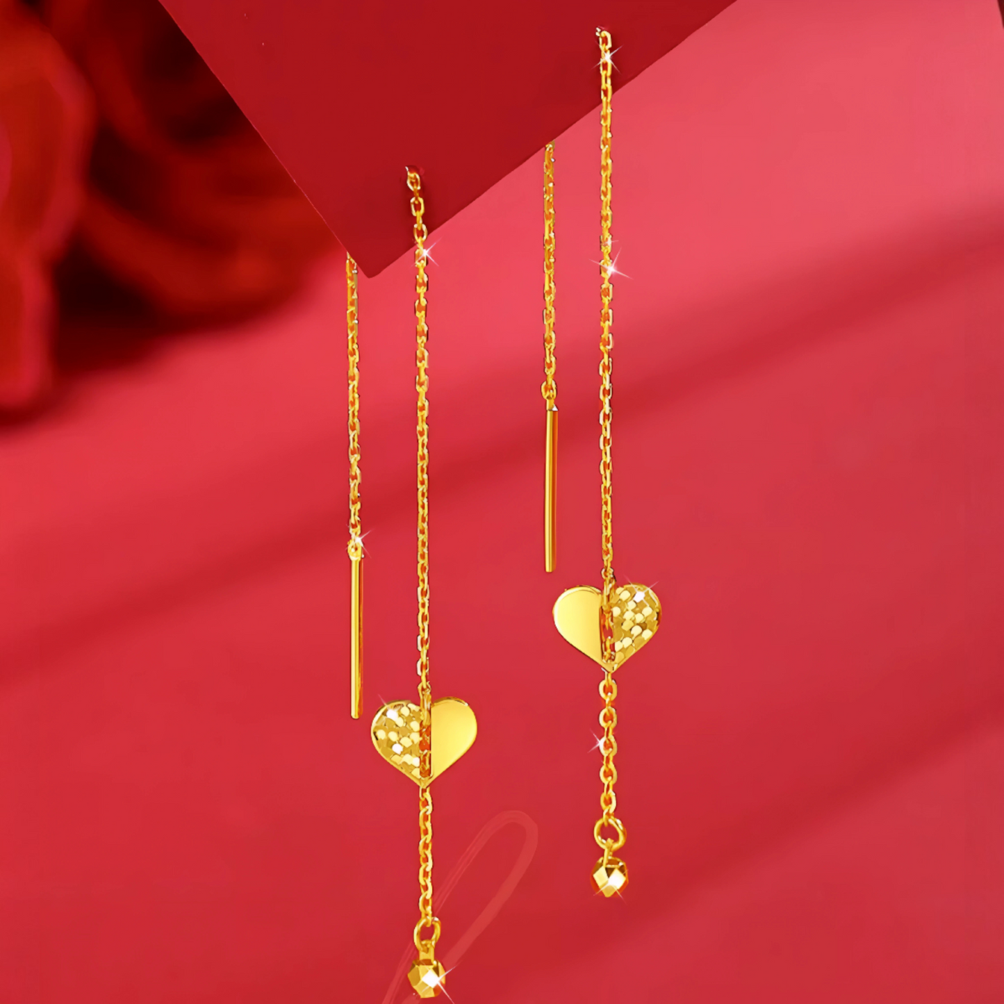 24K Gold Trendy Threader Heart Charm Chain Tassel Earrings