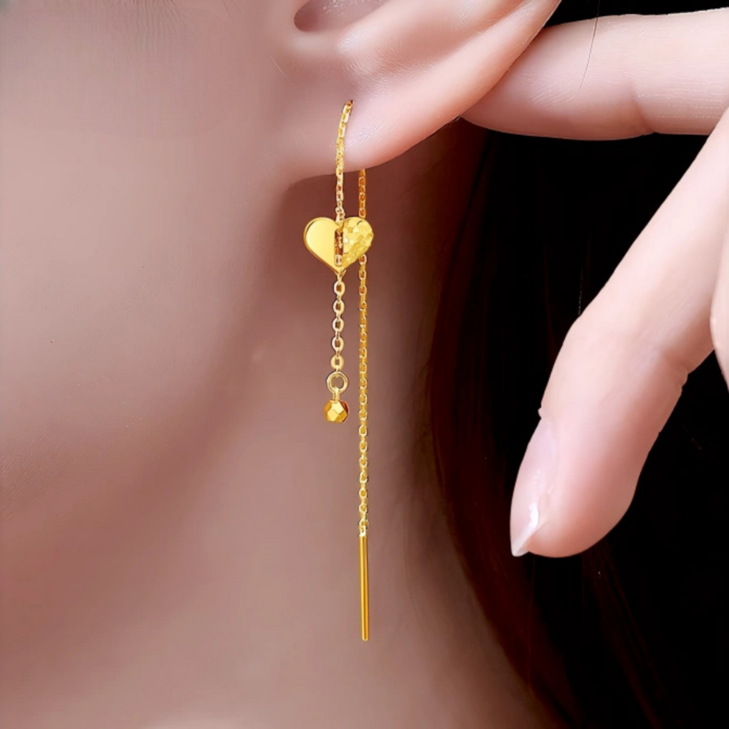 24K Gold Trendy Threader Heart Charm Chain Tassel Earrings