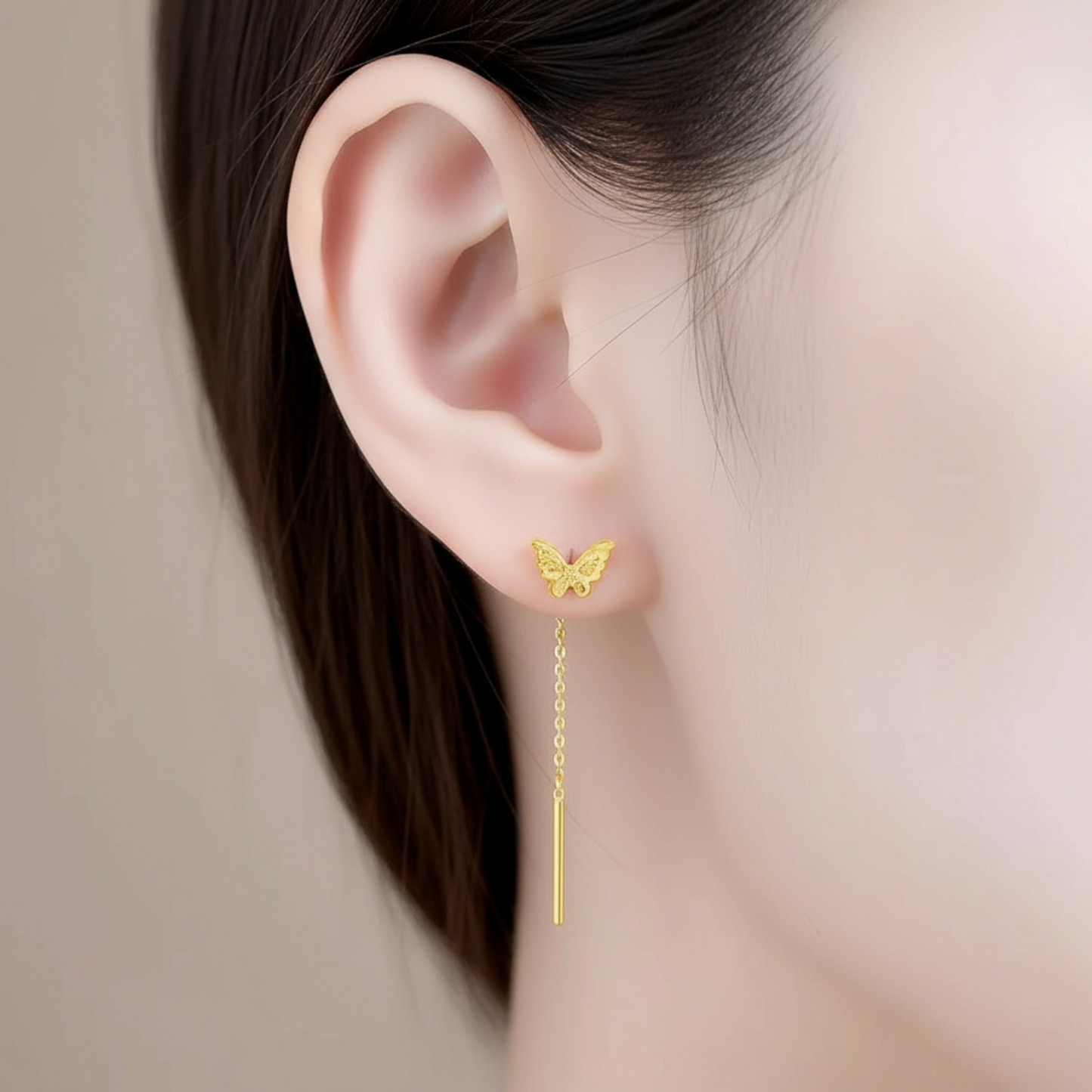 24K Gold Trendy Double Butterfly Threader Chain Tassel Earrings