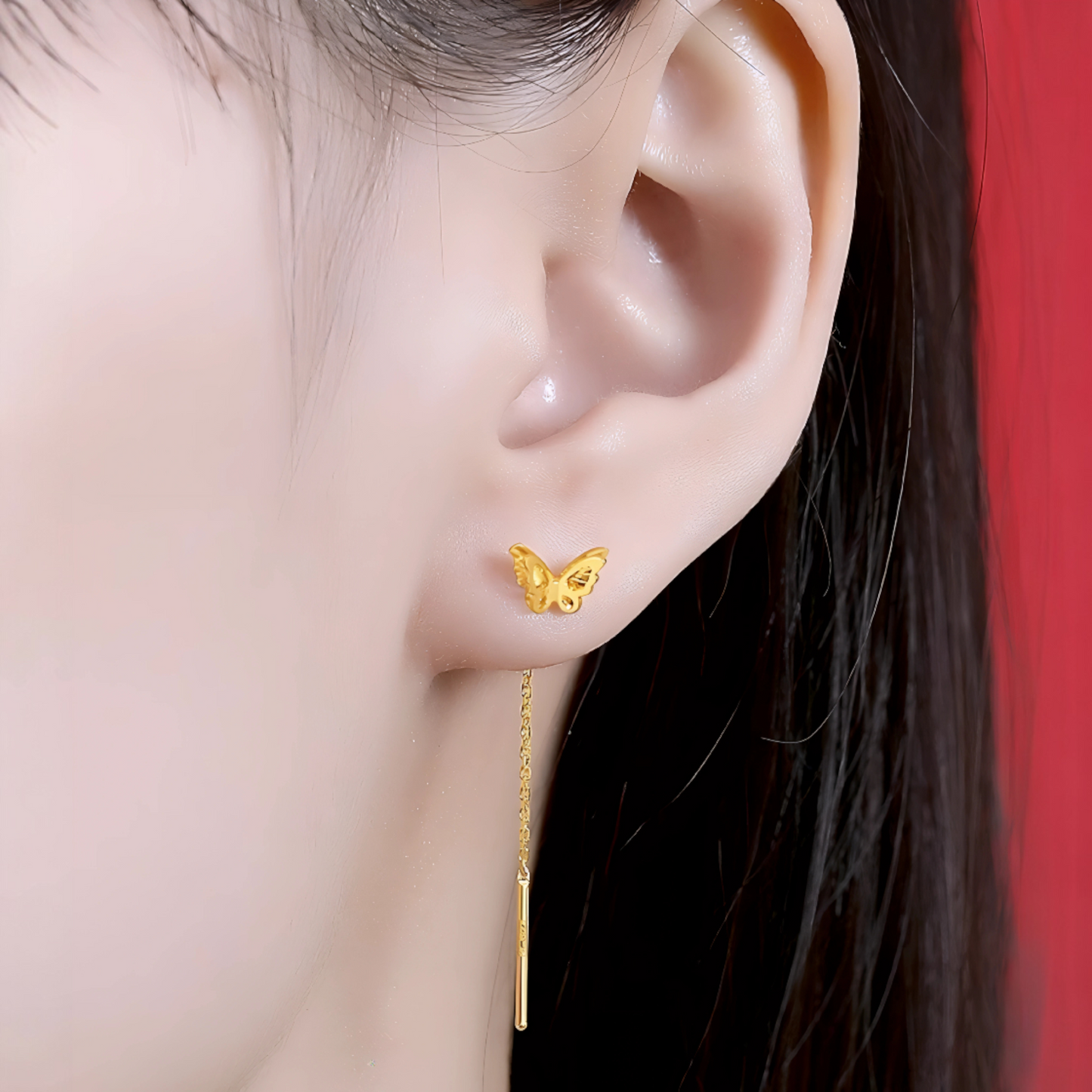 24K Gold Trendy Double Butterfly Threader Chain Tassel Earrings