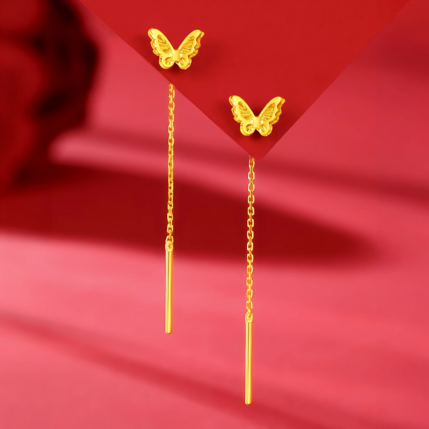 24K Gold Trendy Double Butterfly Threader Chain Tassel Earrings