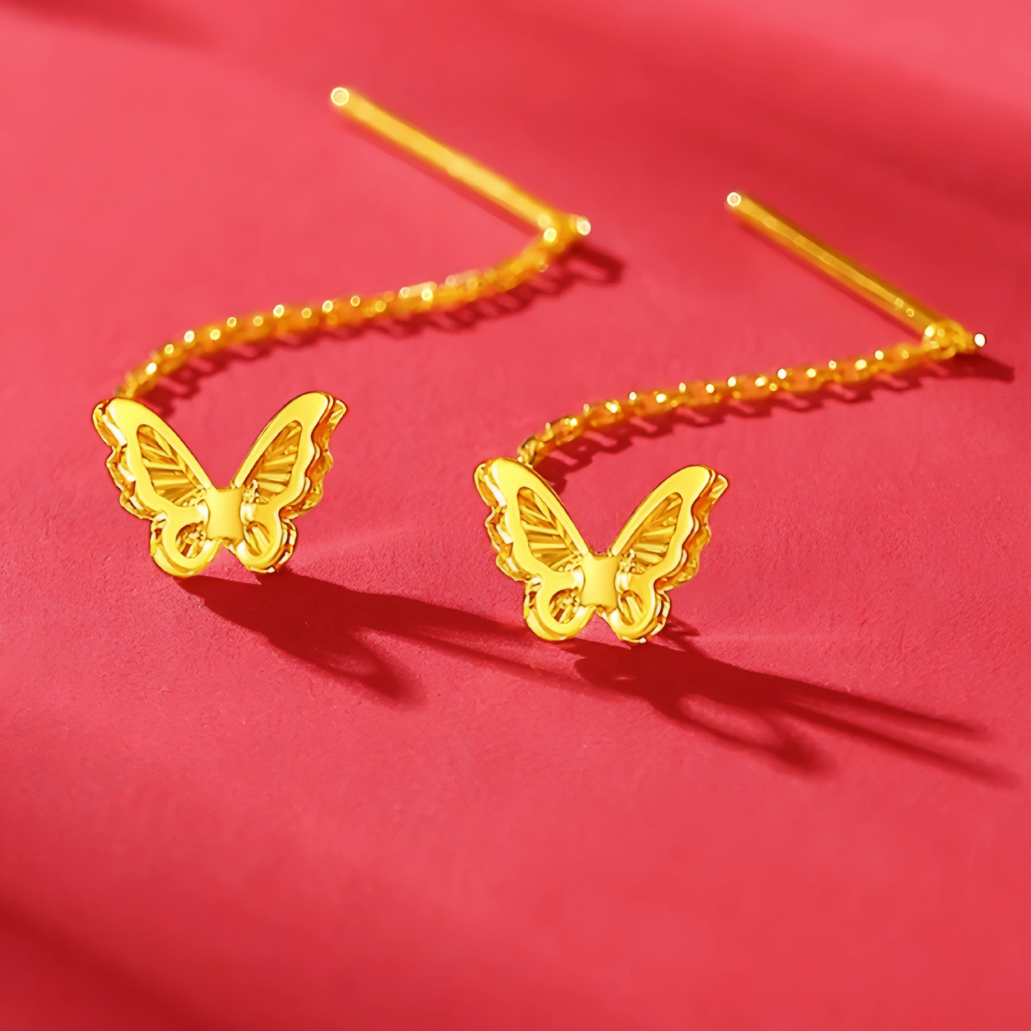 24K Gold Trendy Double Butterfly Threader Chain Tassel Earrings