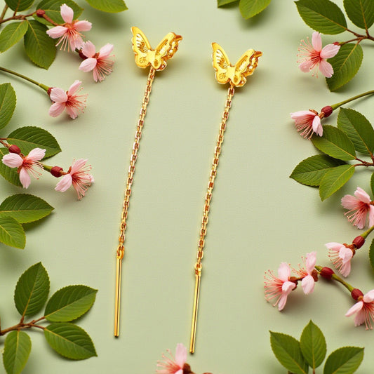 24K Gold Trendy Double Butterfly Threader Chain Tassel Earrings