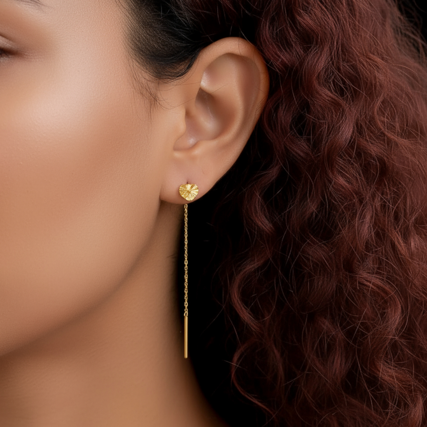 24K Gold Trendy Threader Heart Charm Chain Tassel Earrings