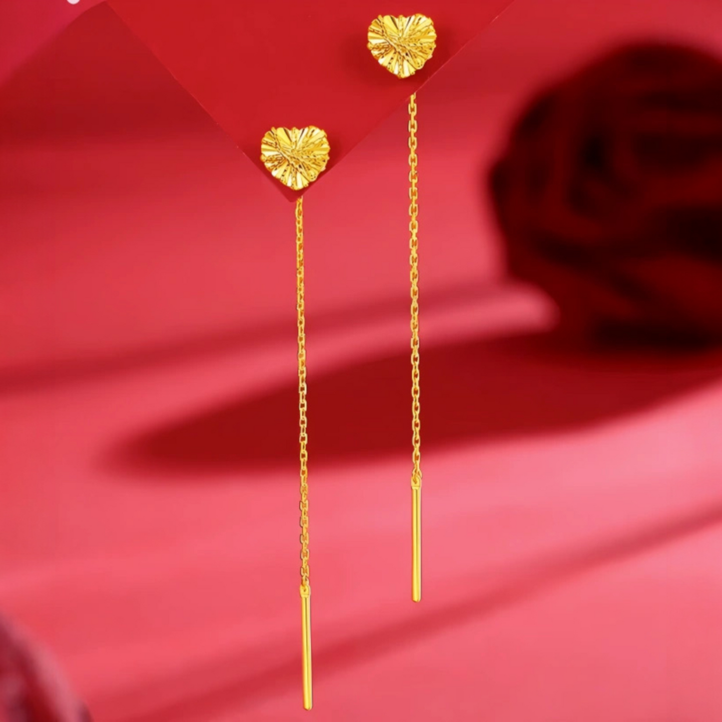 24K Gold Trendy Threader Heart Charm Chain Tassel Earrings