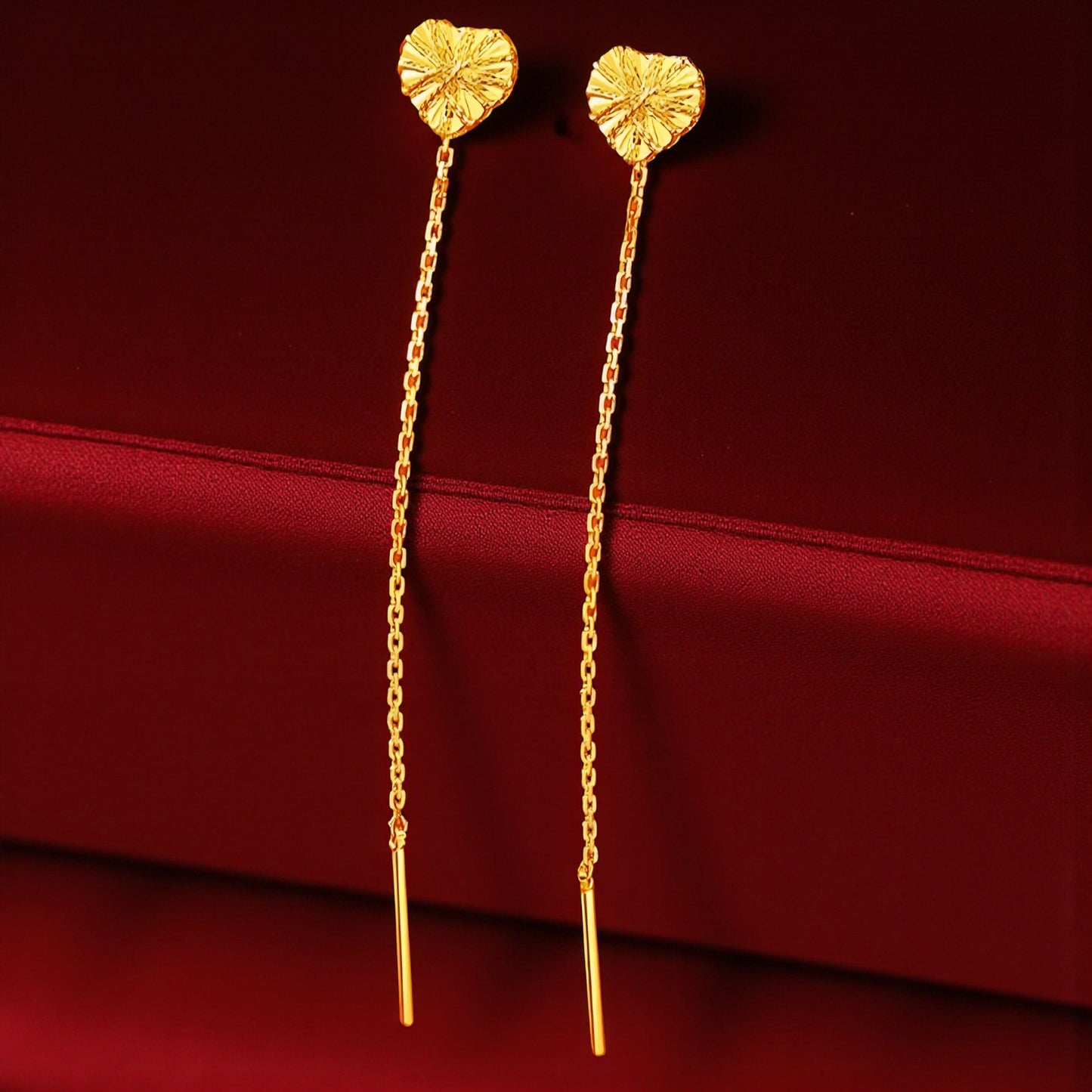 24K Gold Trendy Threader Heart Charm Chain Tassel Earrings