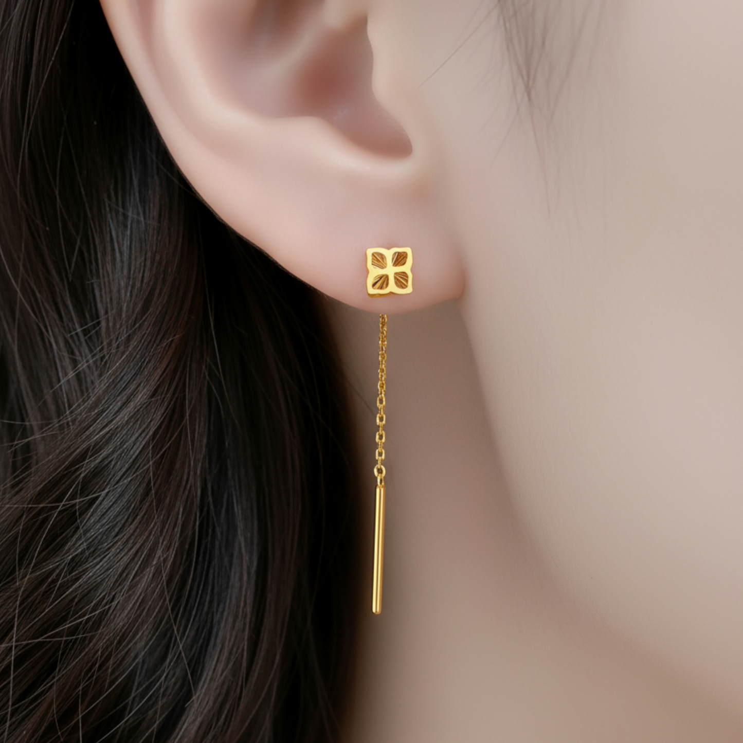 24K Authentic Pure Gold Trendy Lucky Clover Threader Chain Earrings