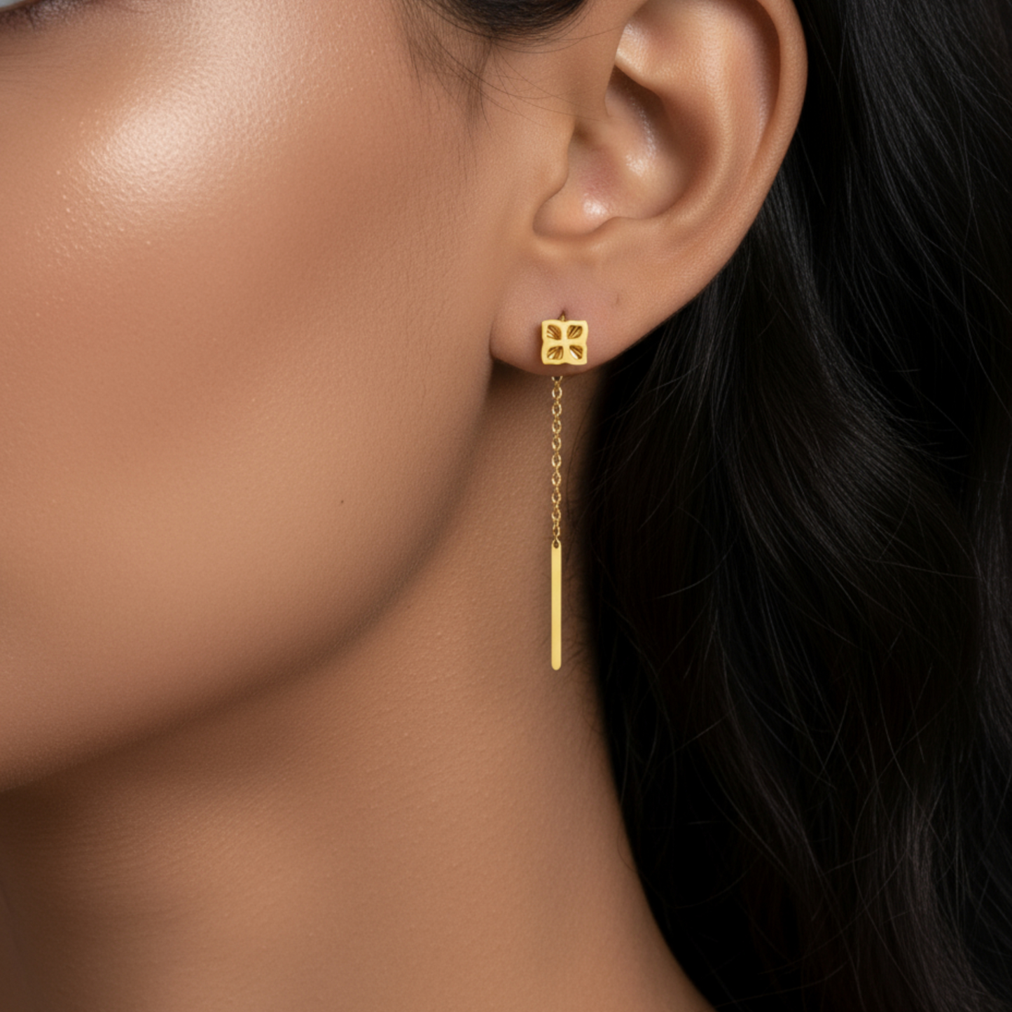 24K Authentic Pure Gold Trendy Lucky Clover Threader Chain Earrings