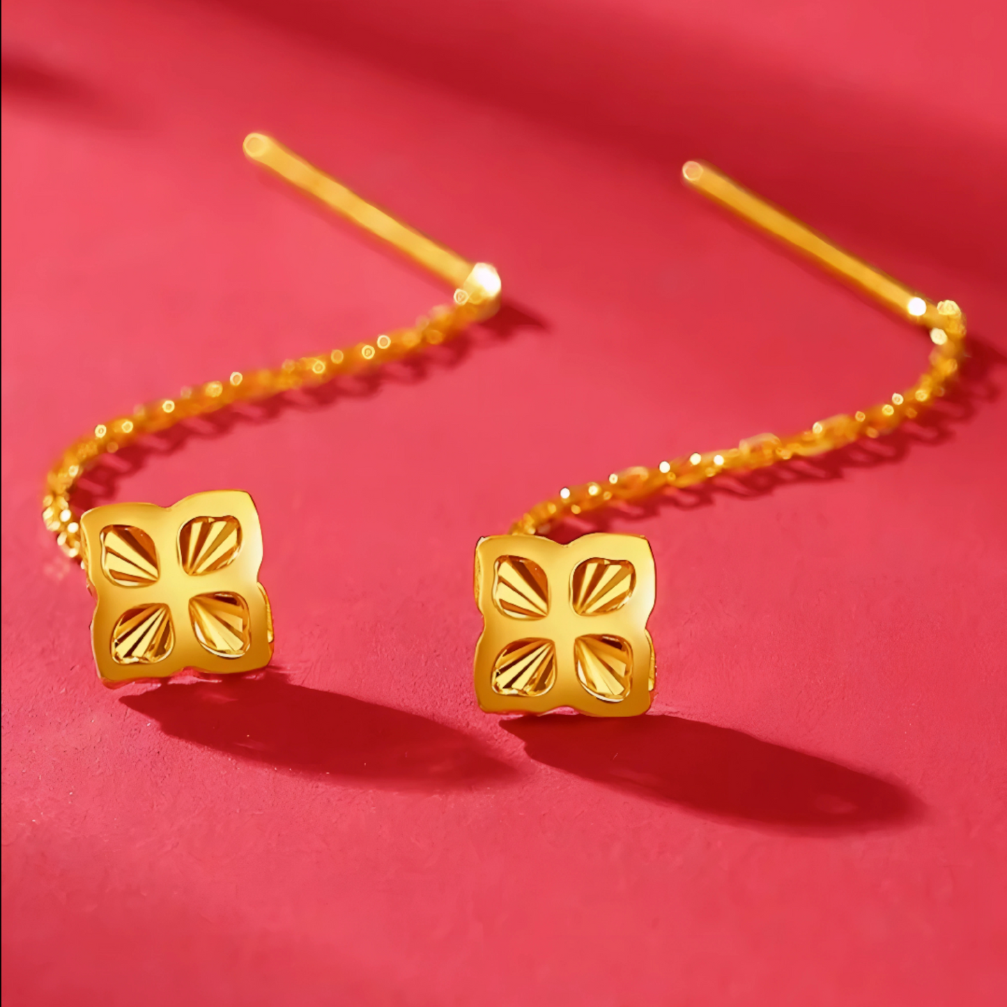 24K Authentic Pure Gold Trendy Lucky Clover Threader Chain Earrings